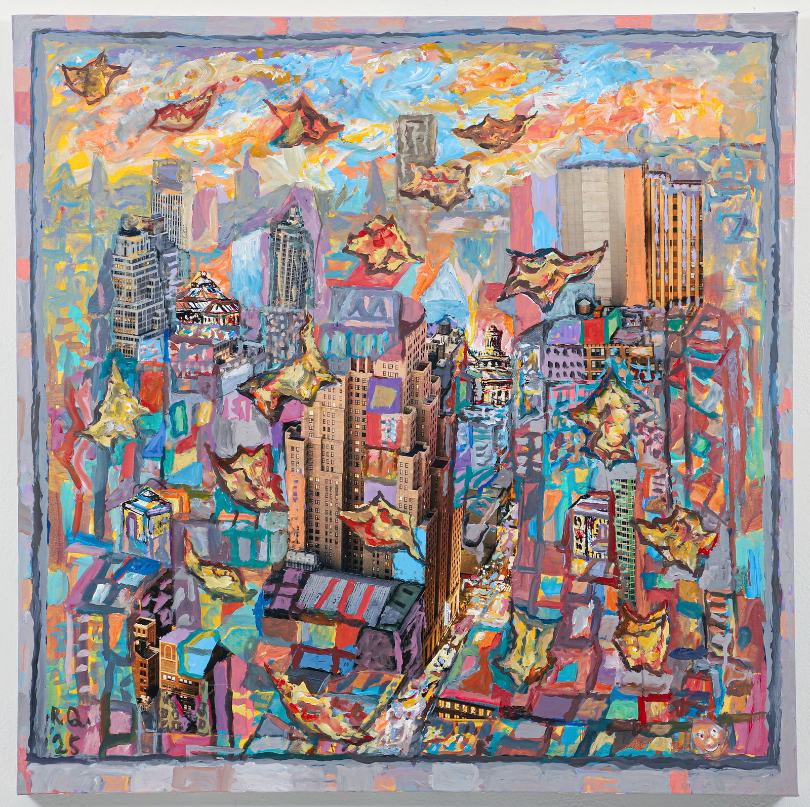 Bob Qualters Collage Painting Autumn Afternoon: Qualters, Robert (Bob) (American/Western PA, born 1934), Autumn Afternoon, 2025, painting collage on canvas, signed and dated at lower right, titled on the verso. 36 x 36 inches.