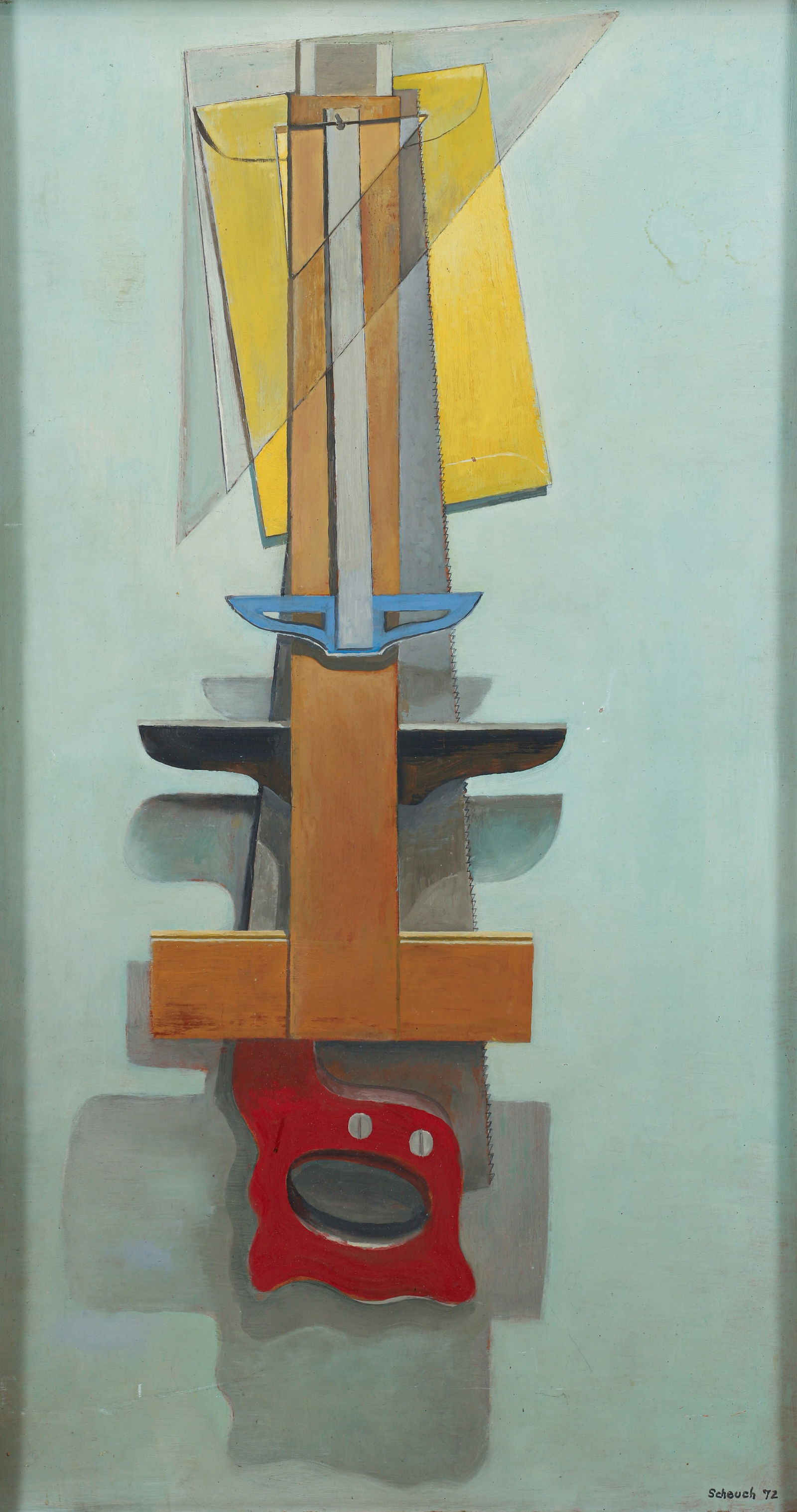 Harry Scheuch oil on board Studio Still Life: Scheuch, Harry William (American, Western PA, 1906-1978), Studio Still Life, 1972, oil on masonite panel: 35.75 x 19.5 inches, signed and dated lower right, wood frame measures 37.5 x 21 inches.