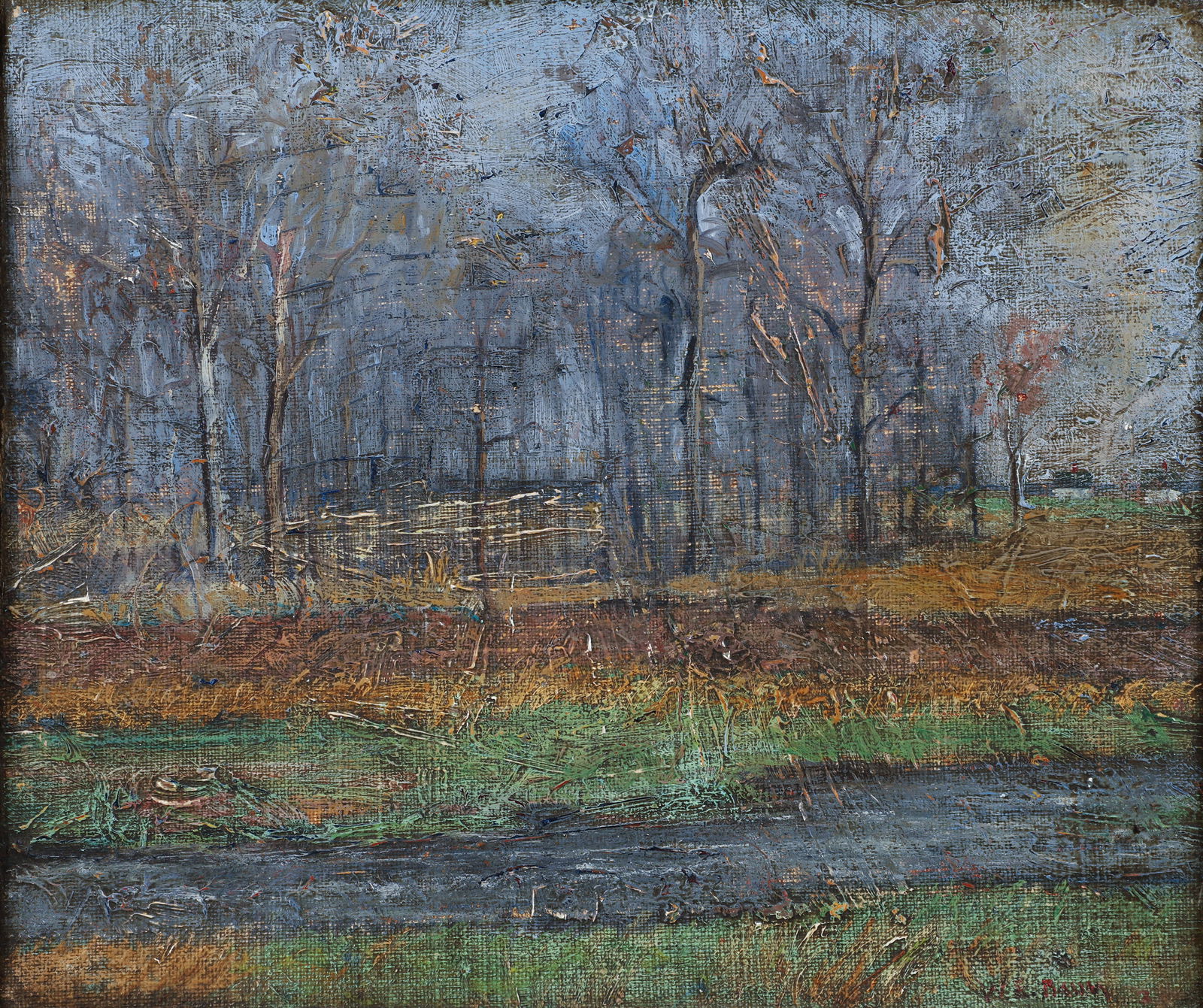 Walter E. Baum Woods and Stream Oil on Board: Baum, Walter Emerson (American/Sellersville PA, 1884-1956), Woods and Stream, c.1930, oil on canvas board, signed lower right, 11 x 13 inches, wood frame 14 x 15.5 inches. Provenance: Harry Eichleay A