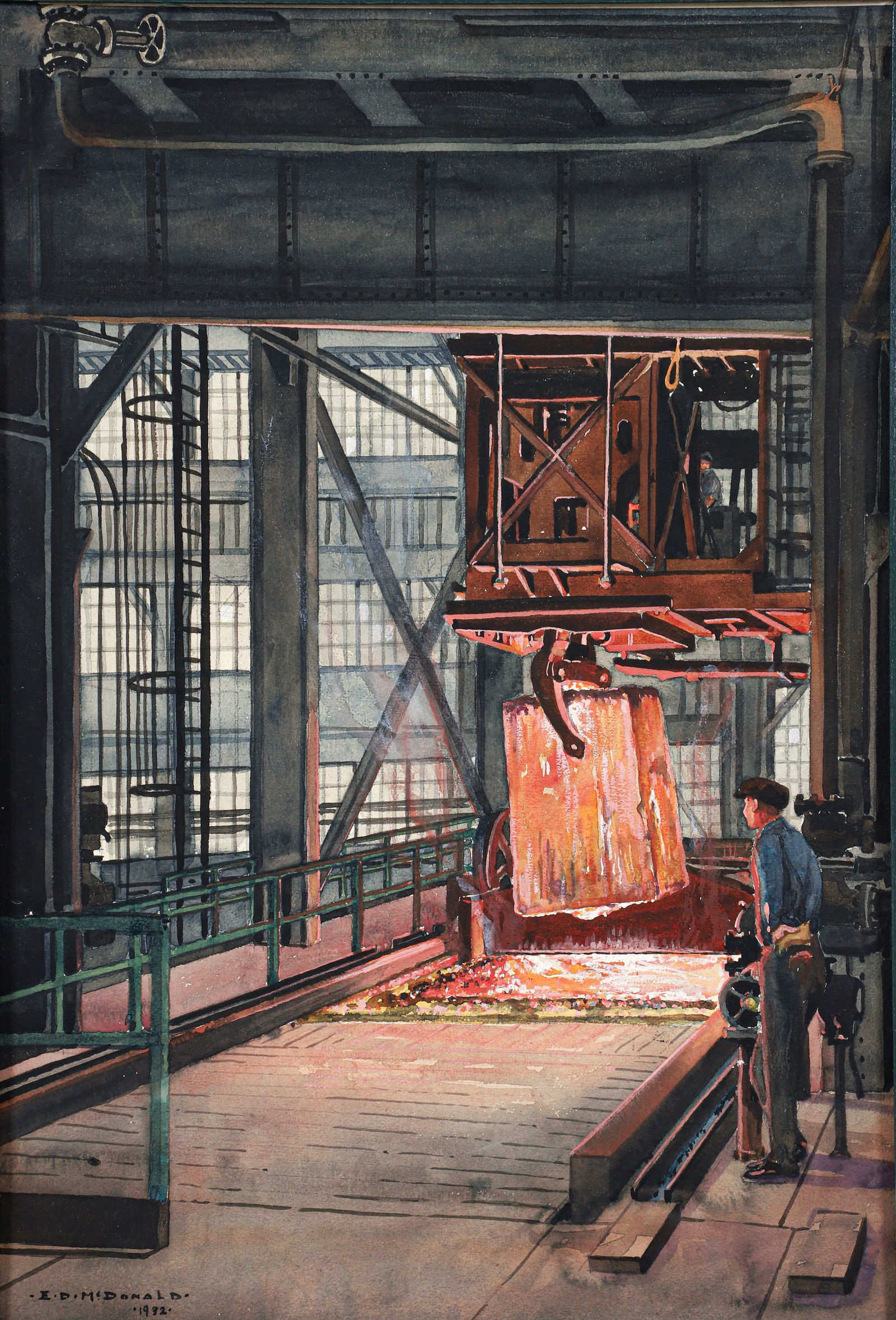 Edward Dixon McDonald Hot Ingot 1932 Steel Mill Illustration Art: McDonald, Edward Dixon (American/Cleveland, OH, 1890-1950), Hot Ingot No. 2-Soaking Pits, Otis Steel Co., 1932, watercolor and gouache on board, signed and dated lower left, titled on the artist's lab