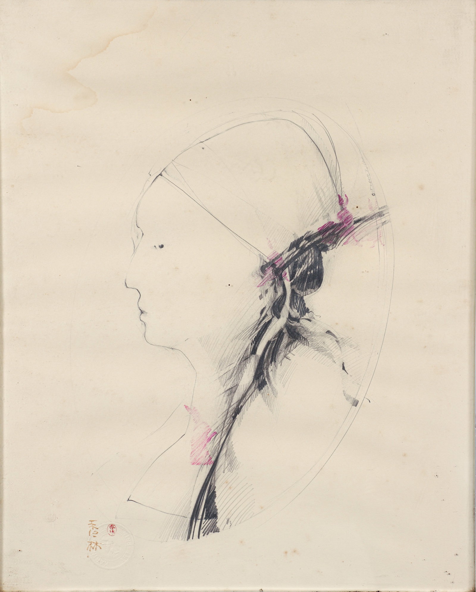 Karin Broker 1973 drawing and mixed media Head of a Woman #3 (1 of 3)
