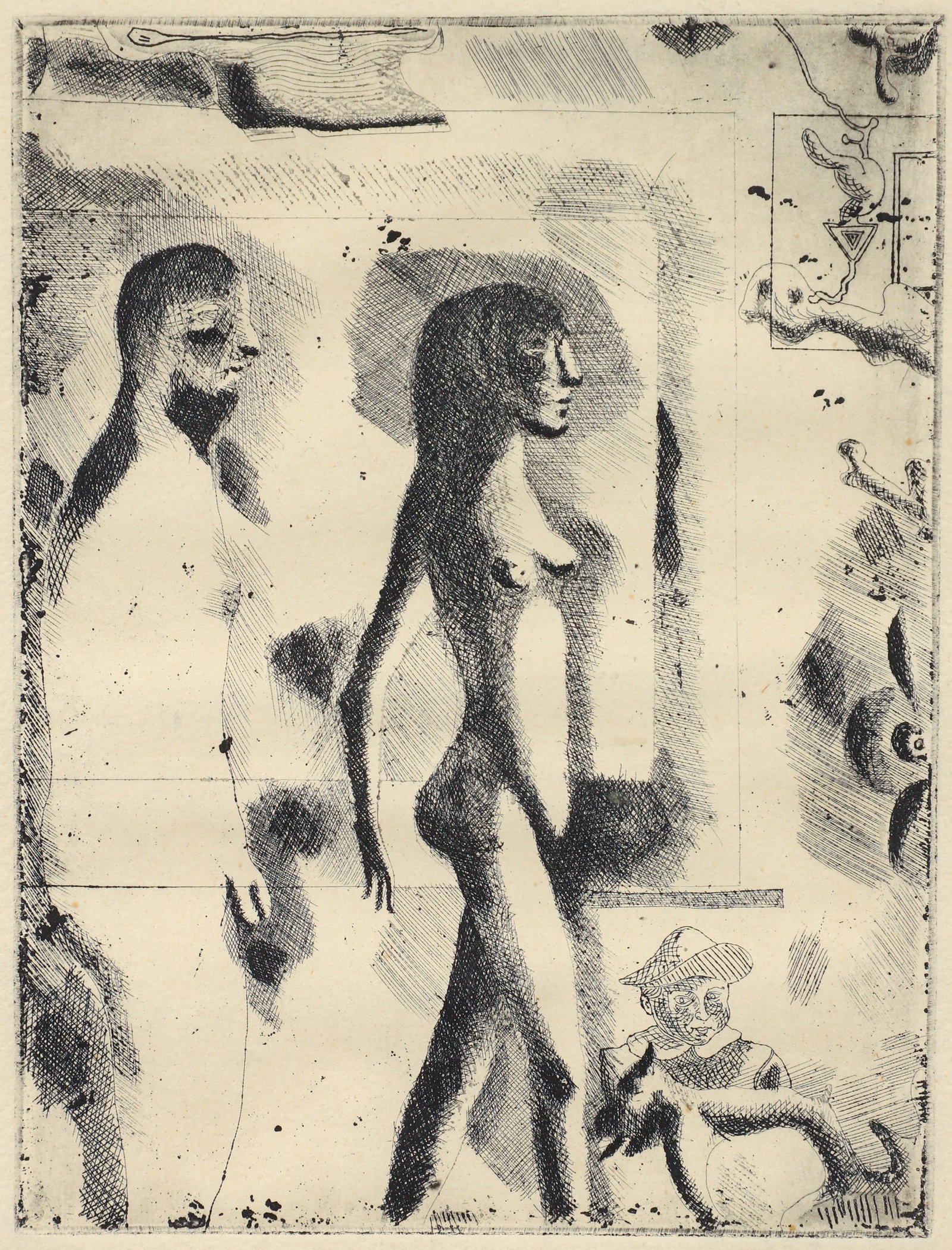 Jorge Castillo 1968 Signed Modernist Etching: Castillo, Jorge (Spanish, contemporary), Untitled Modernist print [Couple], 1968, etching on paper, signed, dated and numbered 7/20 in pencil to the lower edge, impression size 7.5 x 5.75 inches, matt
