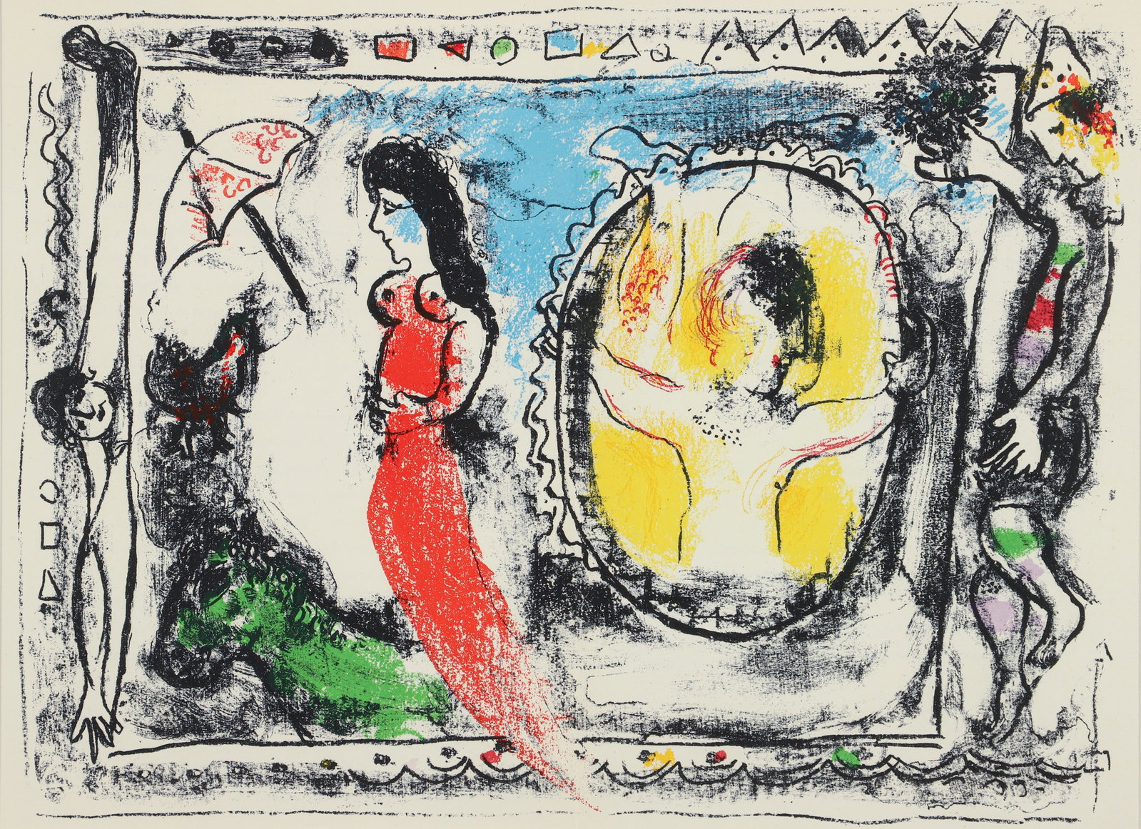 Marc Chagall Original Color Lithograph 1964 Woman with Umbrella: Chagall, Marc (Russian/French, 1887-1985), Woman with Umbrella, 1964, color lithograph, 14 x 18.5 inches, matted and framed 23 x 27 inches. Originally published for Derriere le Miroir, No. 147, June 1