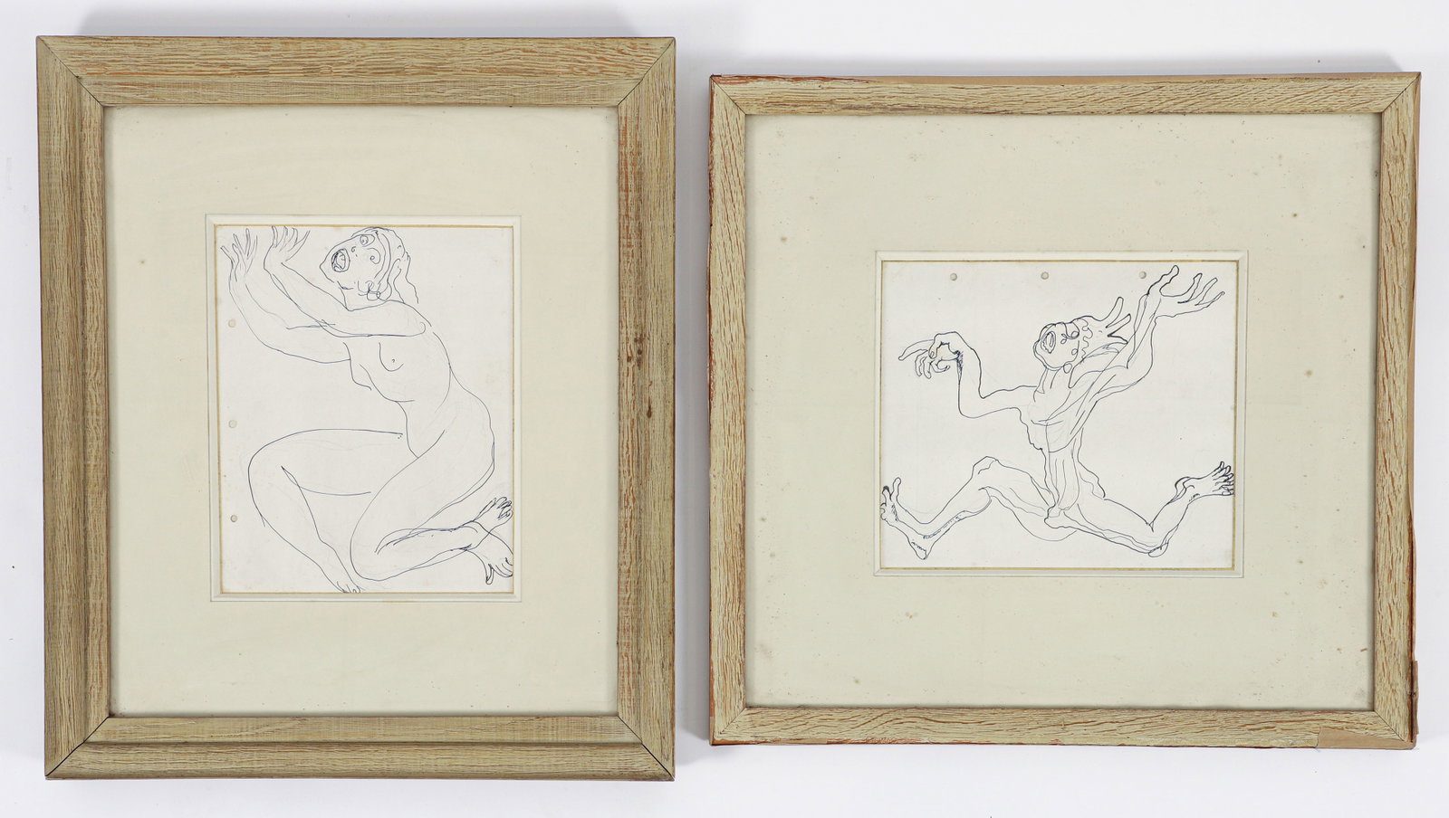 Enrico Glicenstein pair of Exhibited Works on Paper: Glicenstein, Enrico (Henryk) (Polish/Jewish/American, 1870-1942), Pair of Works on Paper: Berserk Male and Female, both 1930s, ink on paper, framed 19 x 17.5 inches. Exhibited: Both were shown in the 