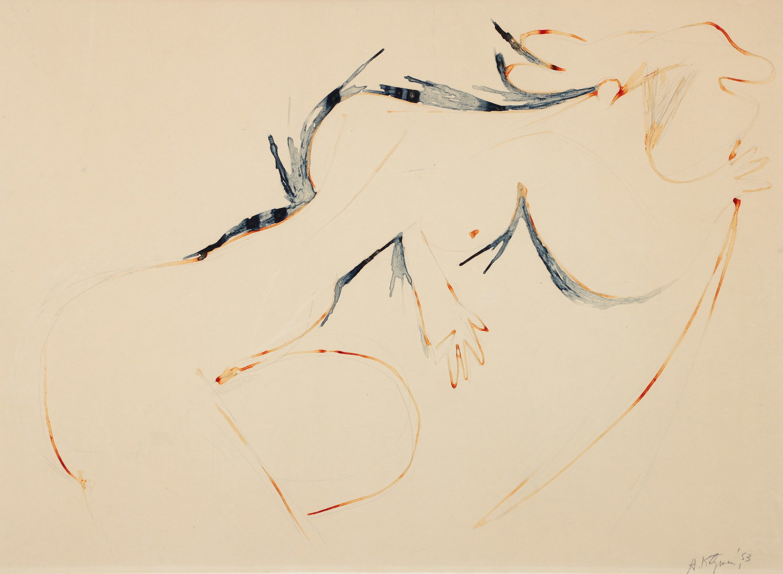Herbert Katzman Reclining Nude Watercolor 1953: Katzman, Herbert (American, 1923-2004), Reclining Nude, 1953, ink and watercolor on paper, pencil signed and dated at lower right, sight 17 x 23.75 inches, framed 26.25 x 32.25 inches.