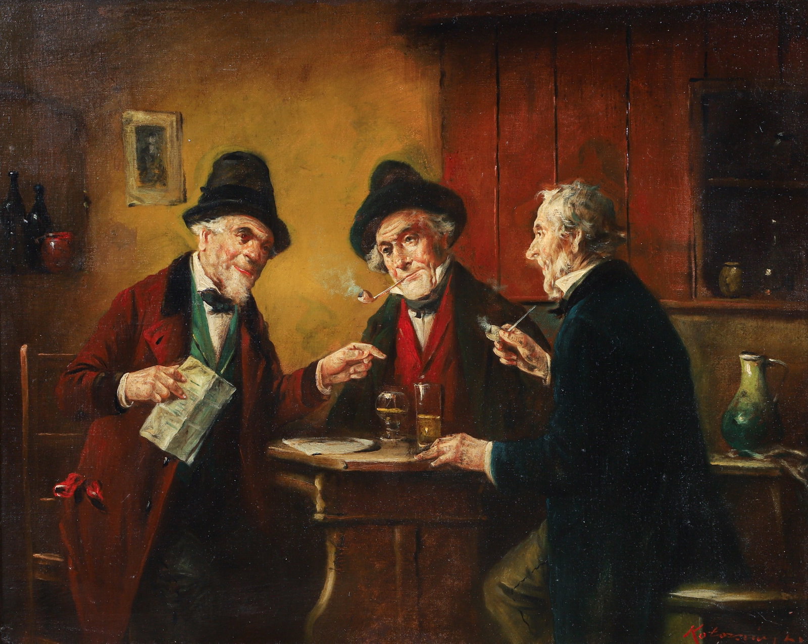 Lajos Kolozsvary Oil on Canvas Gentlemen in a Tavern: Kolozsvary, Lajos (Hungarian, 1871-1937), Gentlemen in a Tavern, late 19th/early 20th century, oil on canvas, signed at lower right. Canvas 21.5 x 26 inches, in a 26.5 x 31.5 inch gilt wood frame.