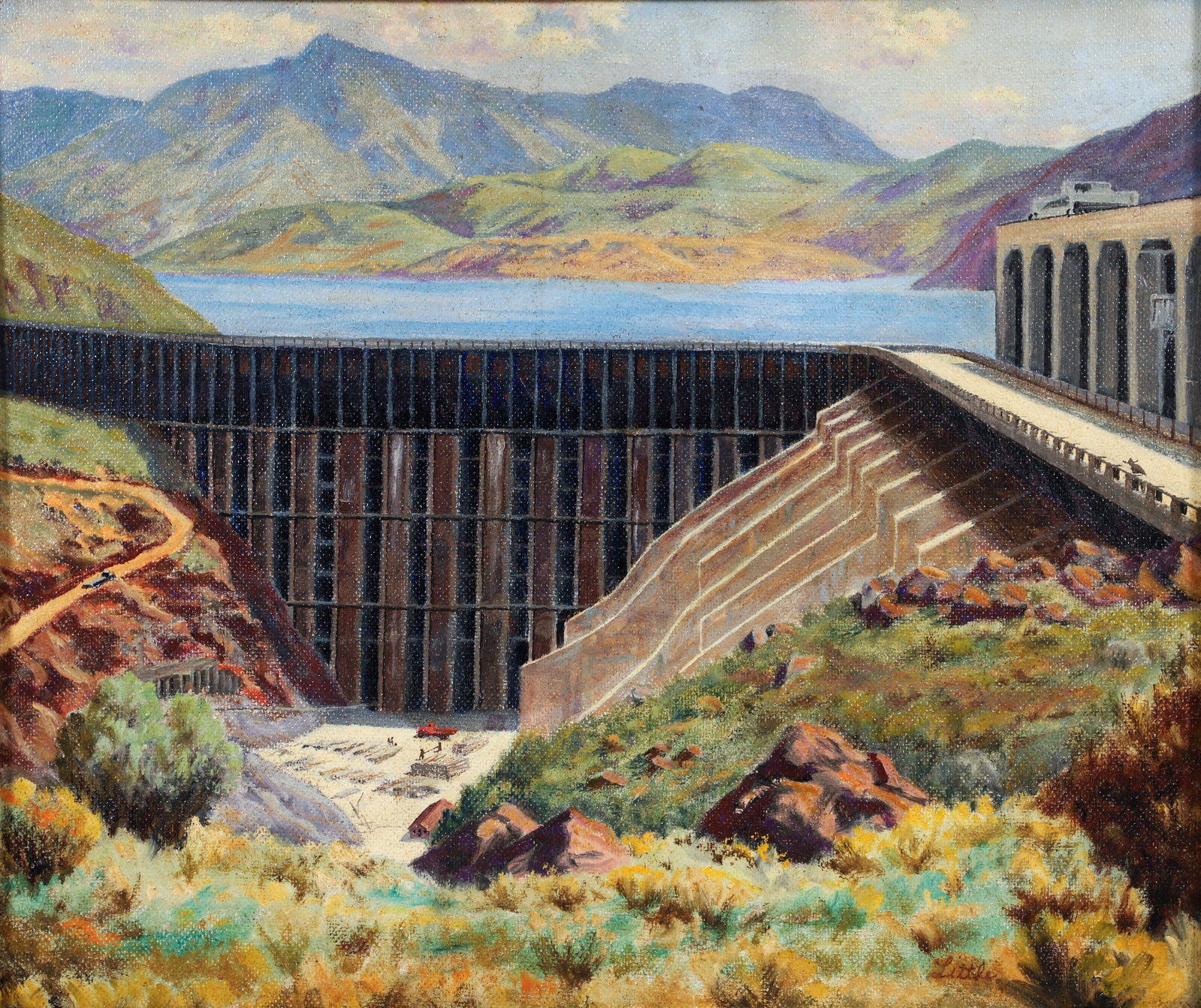 Howard Little Building The Dam Oil on Board: Little, Howard (American, 1883-1965), Building the Dam, undated, oil on board, signed lower right, 19.25 x 23 inches, framed 24 x 28 inches.
