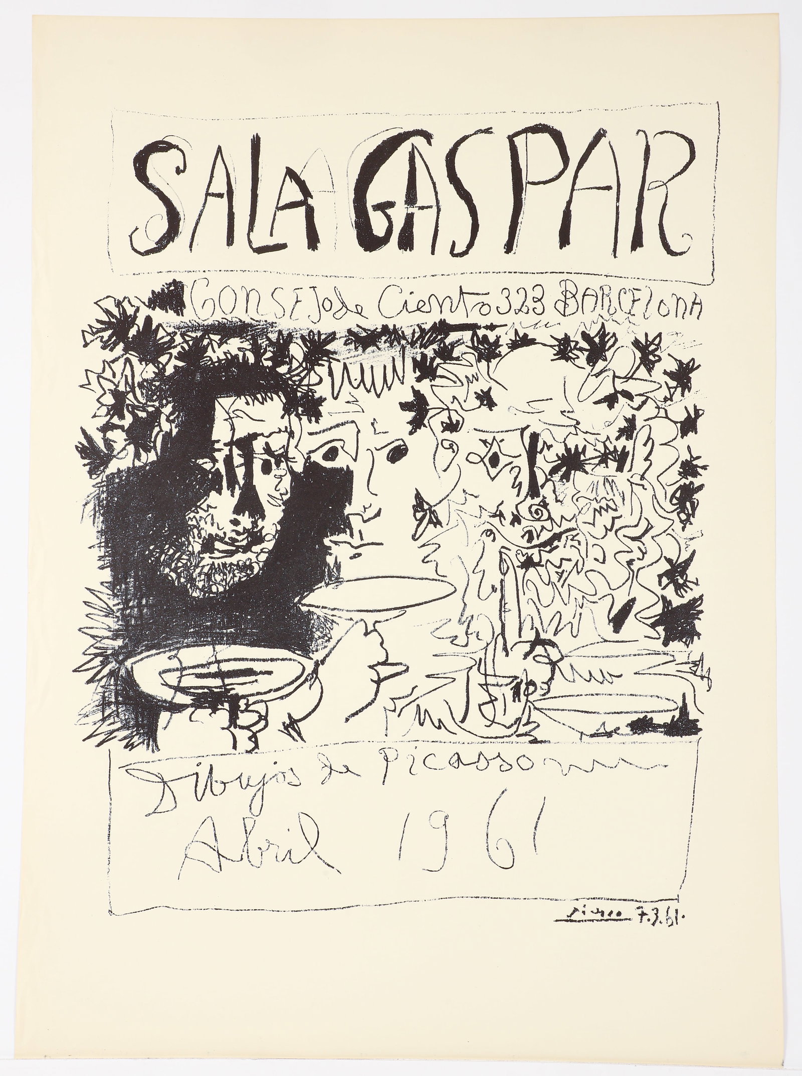 Pablo Picasso Dibujos 1961 Barcelona Exhibition Litho Poster: Picasso, after Pablo (Spanish, 1881-1973), Dibujos de Picasso exhibition poster for Sala Gaspar, Barcelona, 1961, lithograph, edition of 500, image size approx. 28 x 22.5 inches, sheet size 35.5 x 25.