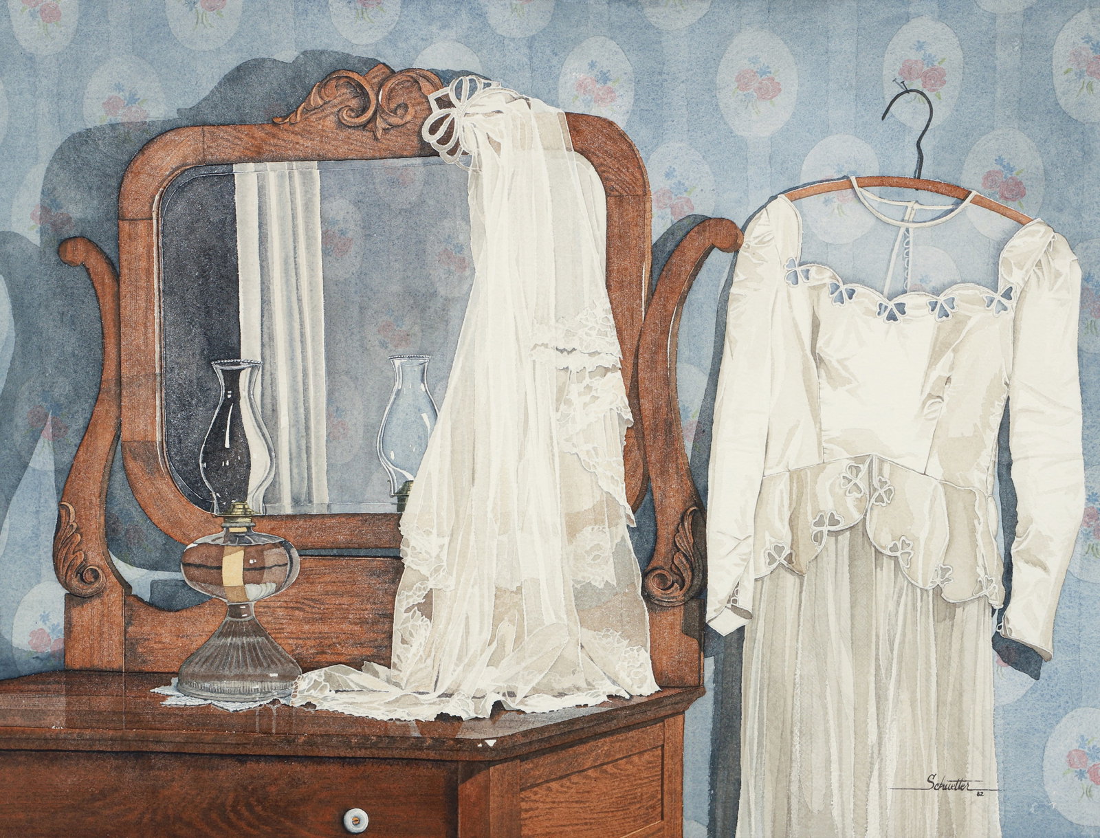 Myra Schuetter Mother's Wedding Dress 1982 Watercolor: Schuetter, Myra (American, contemporary), Mother's Wedding Dress, 1982, watercolor on paper, signed and dated lower right, 22 x 29 inches, matted and framed 31 x 37 inches.