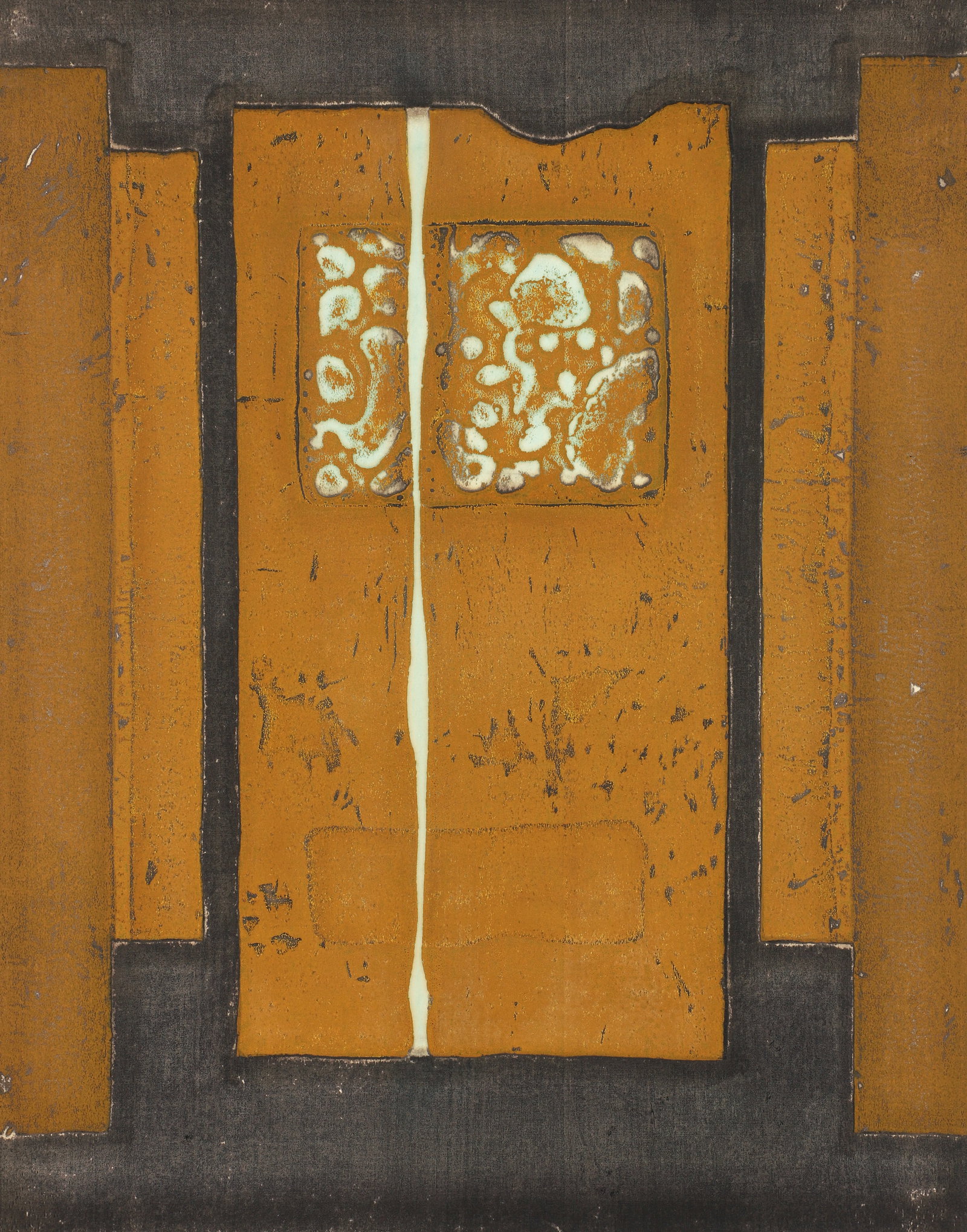 Hiroyuki Tajima 1977 color woodblock Yellow Remembrance B: Tajima, Hiroyuki (Japanese, 1911-1984), Yellow Remembrance B, 1977, woodblock print in colors, 22.5 x 17.75 inches, pencil signed, dated, numbered 50-24, and titled along the lower margin, unframed