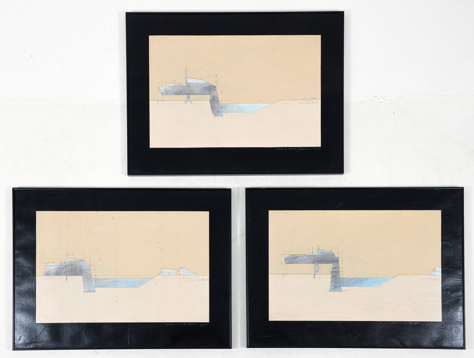 Poussin's Fort Triptych Acrylic Paintings on Paper: 20th century architectural school, Poussin's Fort I, II and III, triptych, 1981, acrylic and graphite on paper, each one signed, dated and titled, uniformly framed in black metal 22.5 x 30.5 inches. S