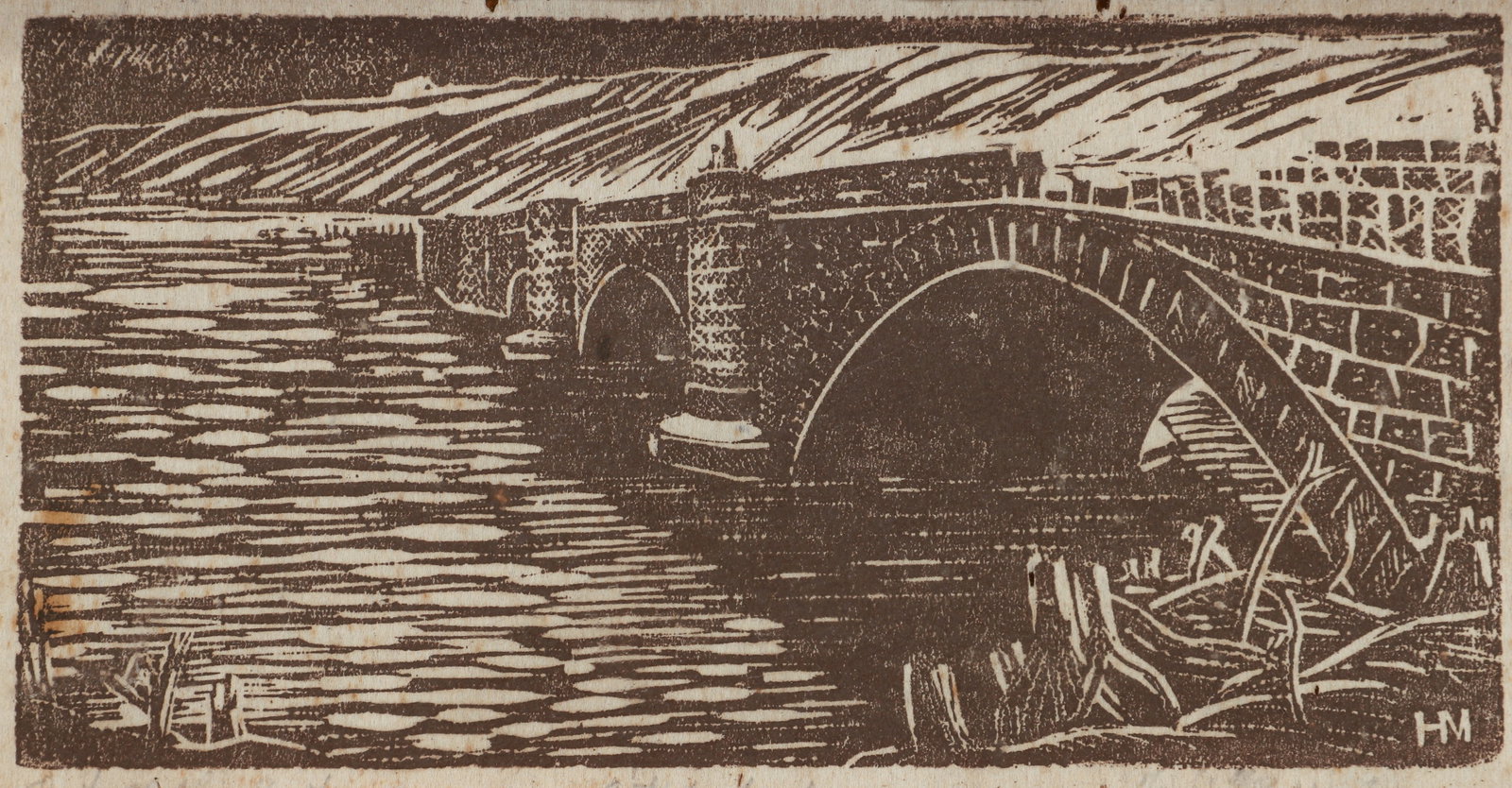 20th century woodcut of Great Crossings Bridge Signed HM: 20th century American Printmaker, Great Crossings Bridge, c.1950s, woodcut on thin paper, appears to be titled Out of the Past and annotated Artist's Proof, it's also been signed in pencil but it has 