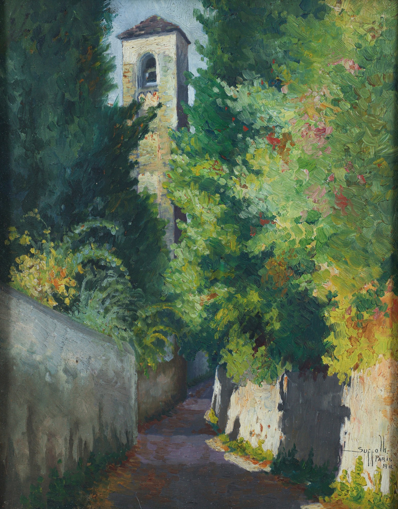 Oil on Board Suffolk Paris 1911: Oil on board signed Suffolk Paris 1911 at lower right. Depicting a belltower partially obscured by trees, accessed by a path. Board 16 x 12.5 inches, behind glass and in a 21.5 x 18.5 inch wooden fram
