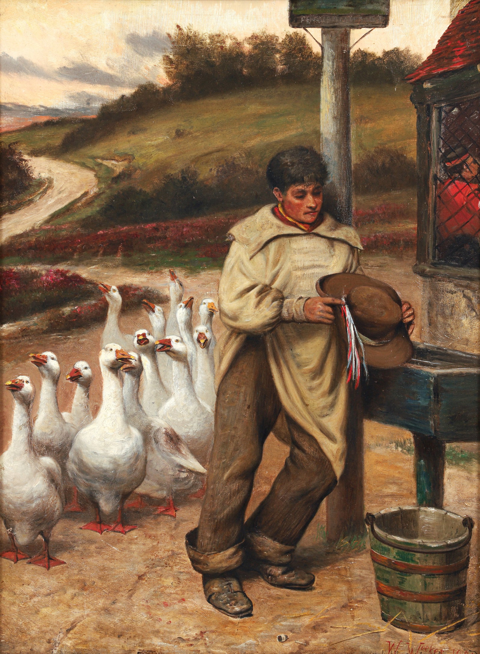 William Weekes painting Sketch for The Coming Goose Step: Weekes, William (H.W.) (English 1856-1909), Sketch for The Coming Goose Step, 1904, oil on canvas, 24 x 18 inches, signed, dated, and copyrighted lower right, signed titled and copyrighted on canvas r
