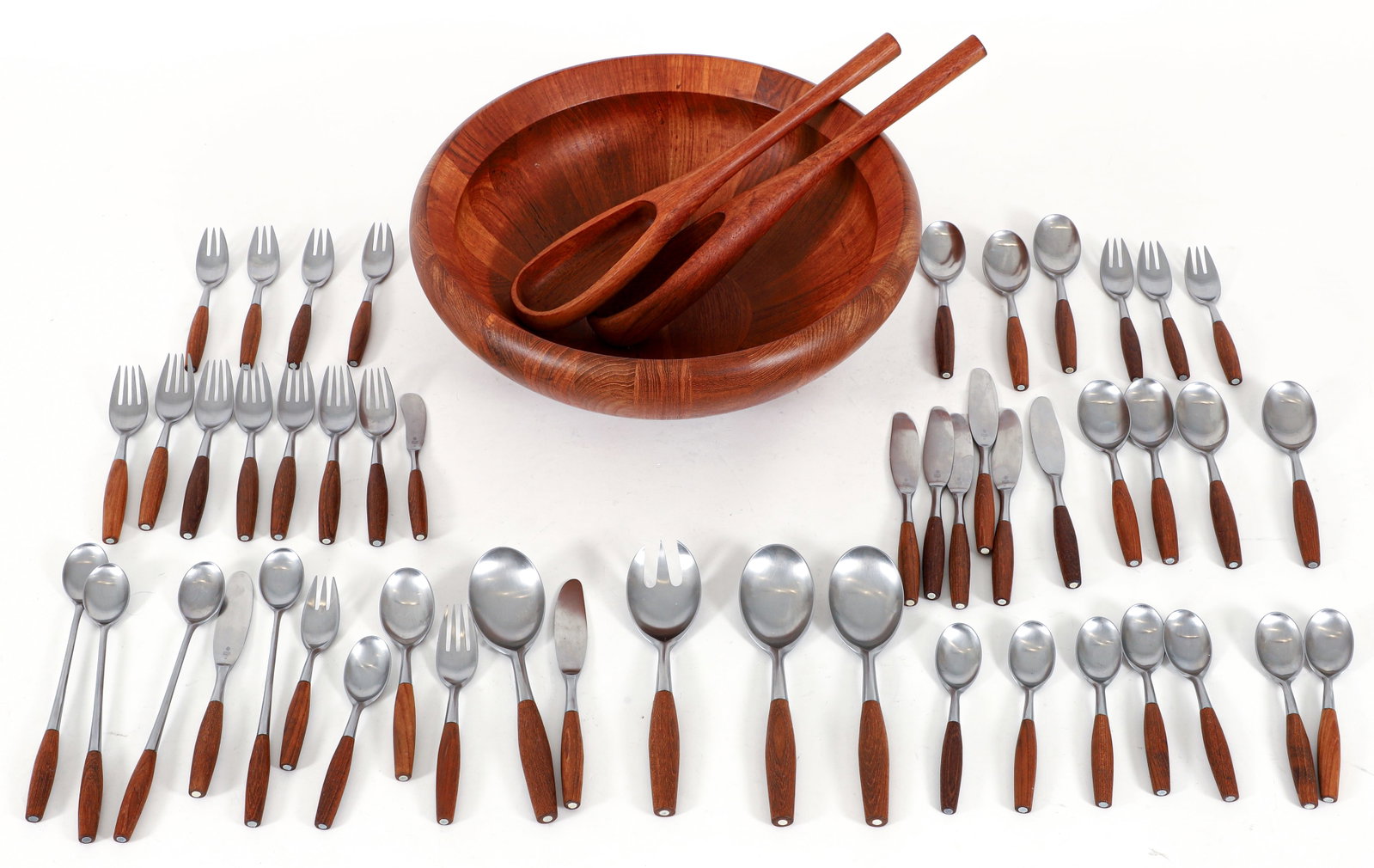 Jens Quistgaard for Dansk Fjord 49pc Flatware Set plus Salad Bowl: Jens Quistgaard for Dansk, Set of Flatware plus Salad Bowl. 49 piece Fjord flatware set, c.1960, includes: 8 spoons, 8 teaspoons, 4 iced tea spoons, 4 serving spoons, 8 forks, 8 salad forks, 8 knives 