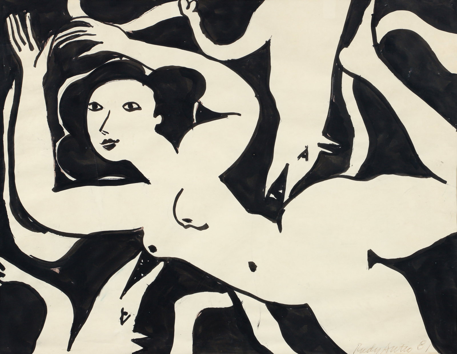 Rudy Autio 1981 Work on Paper Nude with Wolves: Autio, Rudy (American, 1926-2007), Nude with Wolves, 1981, watercolor and ink on paper, signed and dated lower right, 22.5 x 28.75 inches, matted and framed 29 x 35 inches. Provenance: gift of the art