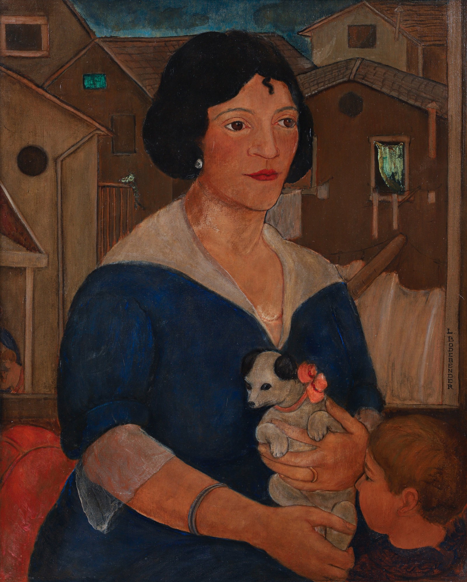 Laura Bodebender Portrait of a Woman with Dog and Child Oil on Canvas: Bodebender, Laura (American/New Orleans, b.1900), Portrait of a Woman with Dog and Child, undated, c.1930s, oil on canvas, relined, signed on the right edge, 24.5 x 19.75 inches, in a newer painted wo
