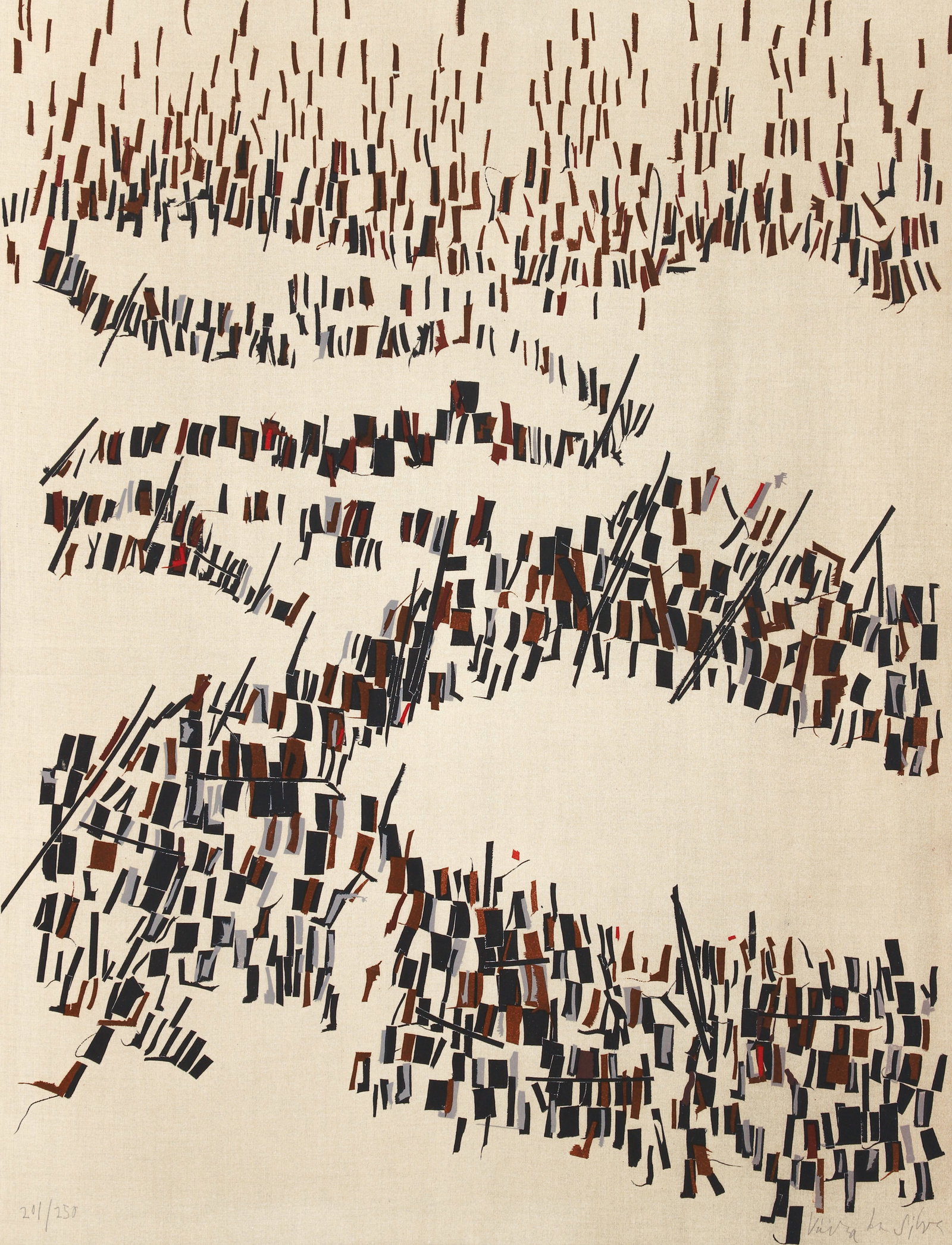 Vieira da Silva Signed Lithograph from the Flight Portfolio: Silva, Maria Helena Vieira da (Portuguese, 1908-1992), Untitled, from The Flight Portfolio, printed in 1968, published in 1971, color lithograph on Arches paper, signed and numbered 201/250 in pencil 