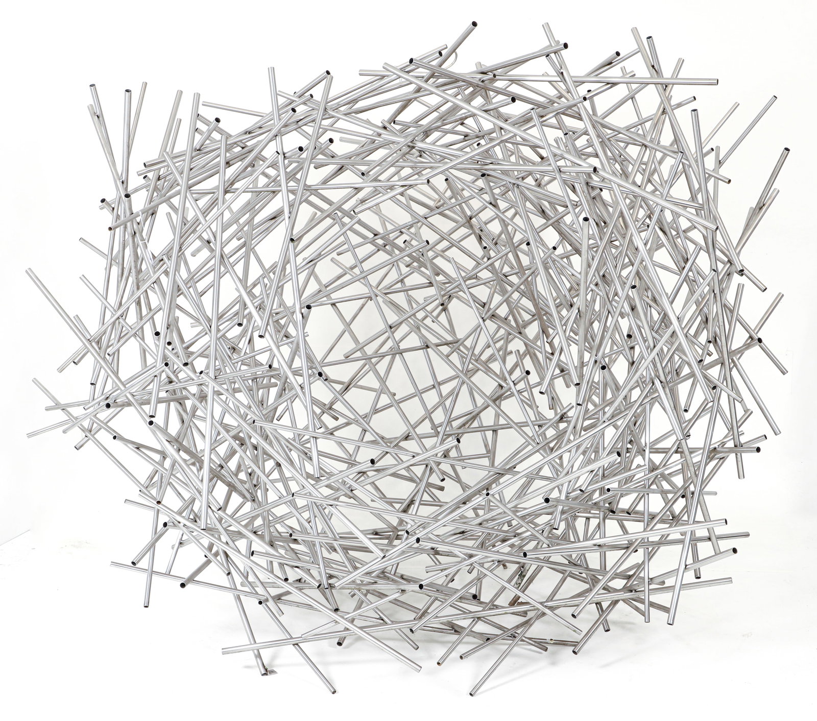 Ricardo Cardenas Nest Outdoor Metal Sculpture: Cardenas, Ricardo (Columbian, born 1966), Nest, welded stainless steel tubing, 64 x 68 x 80 inches, apparently unsigned, acquired directly from the artist for a corporate collection. Comes with 2 grou
