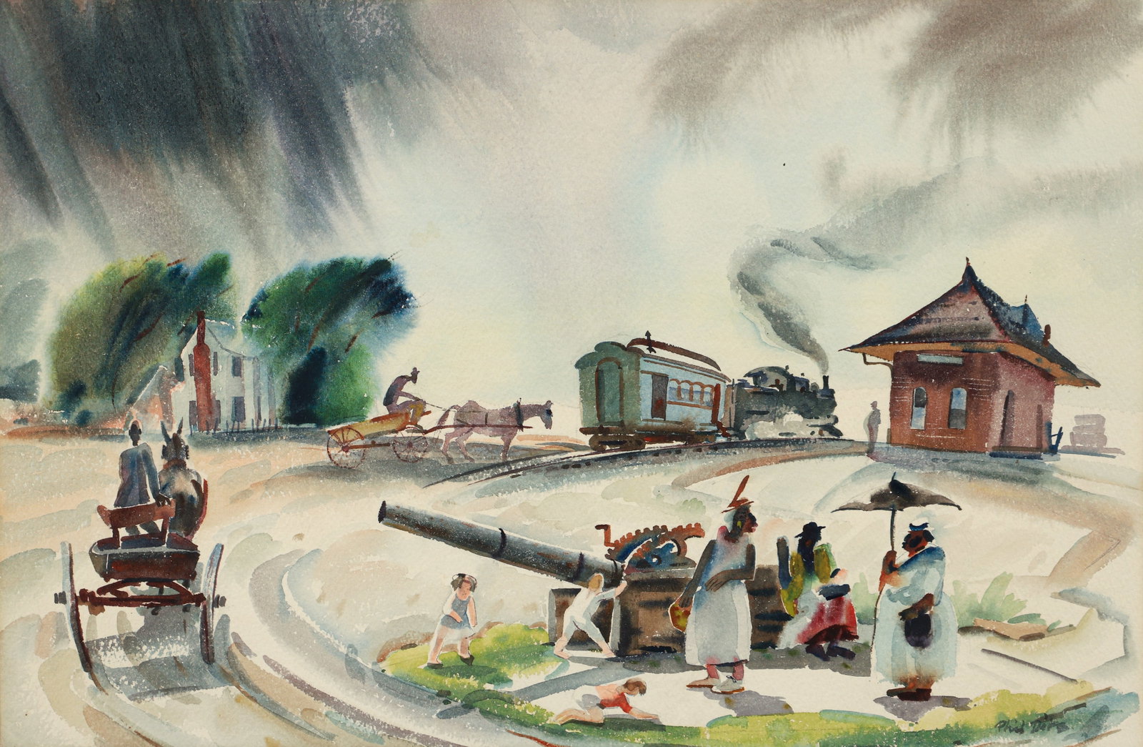 Phil Dike Watercolor Southern Town with Train Station: Dike, Phil Latimer (American, 1906-1990), American Town, with Trains Station, undated, c.1930s, watercolor, signed lower right, 13.5 x 21 inches, matted and framed 20 x 27 inches. Provenance: Ferargil