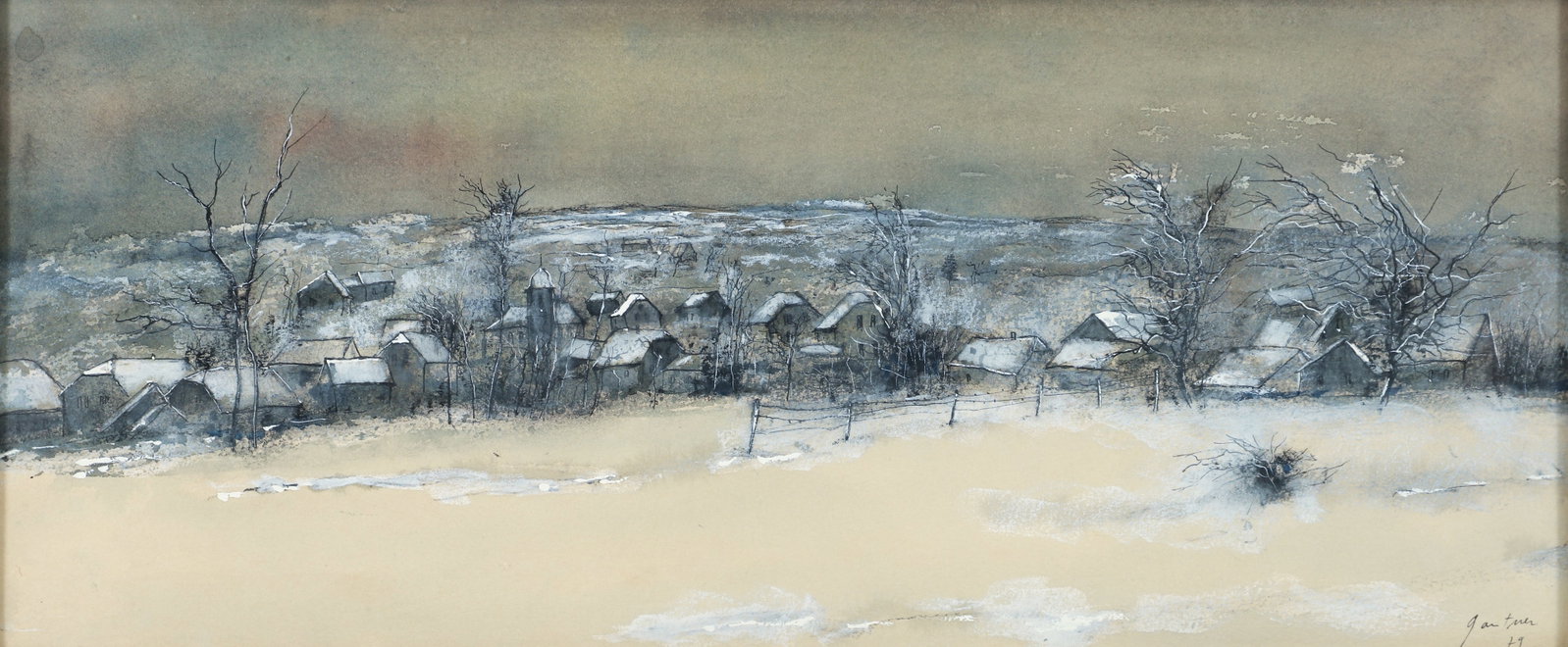 Bernard Gantner Countryside in Winter 1979 Watercolor: Gantner, Bernard (French, 1928-2018), Countryside in Winter, 1979, watercolor and gouache on paper, signed and dated lower right, 9.5 x 20.5 inches, matted and framed 14 x 26 inches. Provenance: Wally