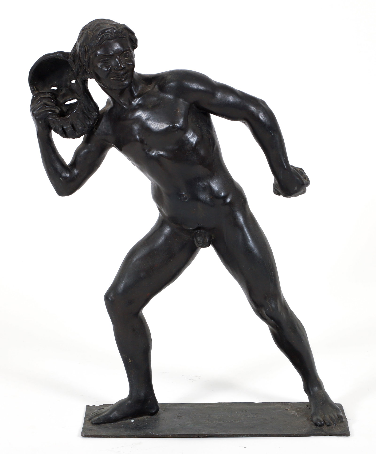 Enrico Glicenstein Youth with Mask Bronze Sculpture 1910: Glicenstein, Enrico (Henryk) (Polish/Jewish/American, 1870-1942), Youth with Mask (Love Abducting Power), 1910, bronze sculpture, etched signature and "Roma" at base, 22.5 x 13 x 5 inches. Catalogue R