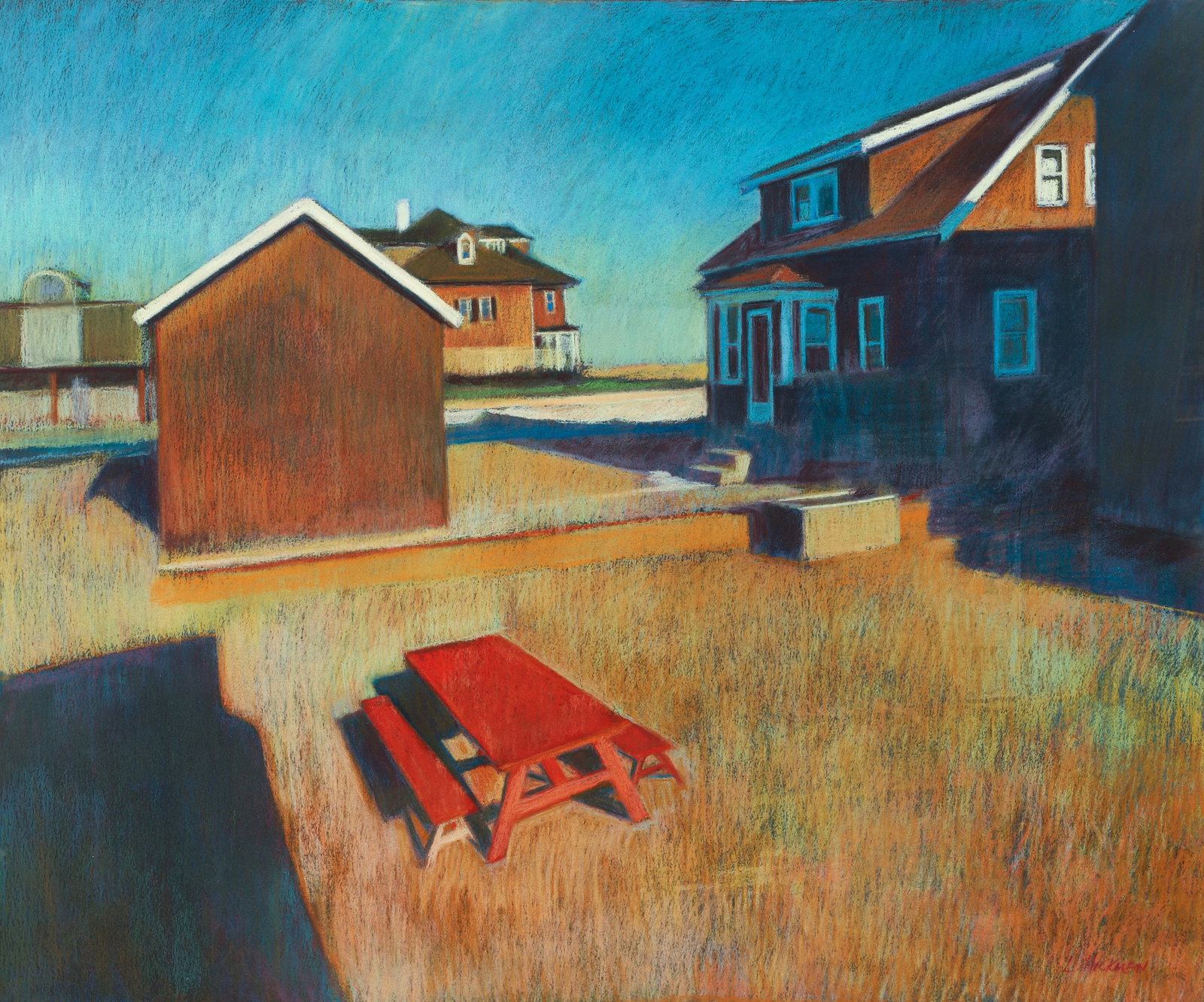 Laura Hickman Pastel on Paper Picnic Bench in Yard: Hickman, Laura (American/Delaware, 20th/21st Century), Picnic Bench in Yard, 1980s/1990s, pastel on paper, signed at lower right. Sheet 30 x 36 inches, behind plexiglass, floated, in a 34 x 40 inch fr