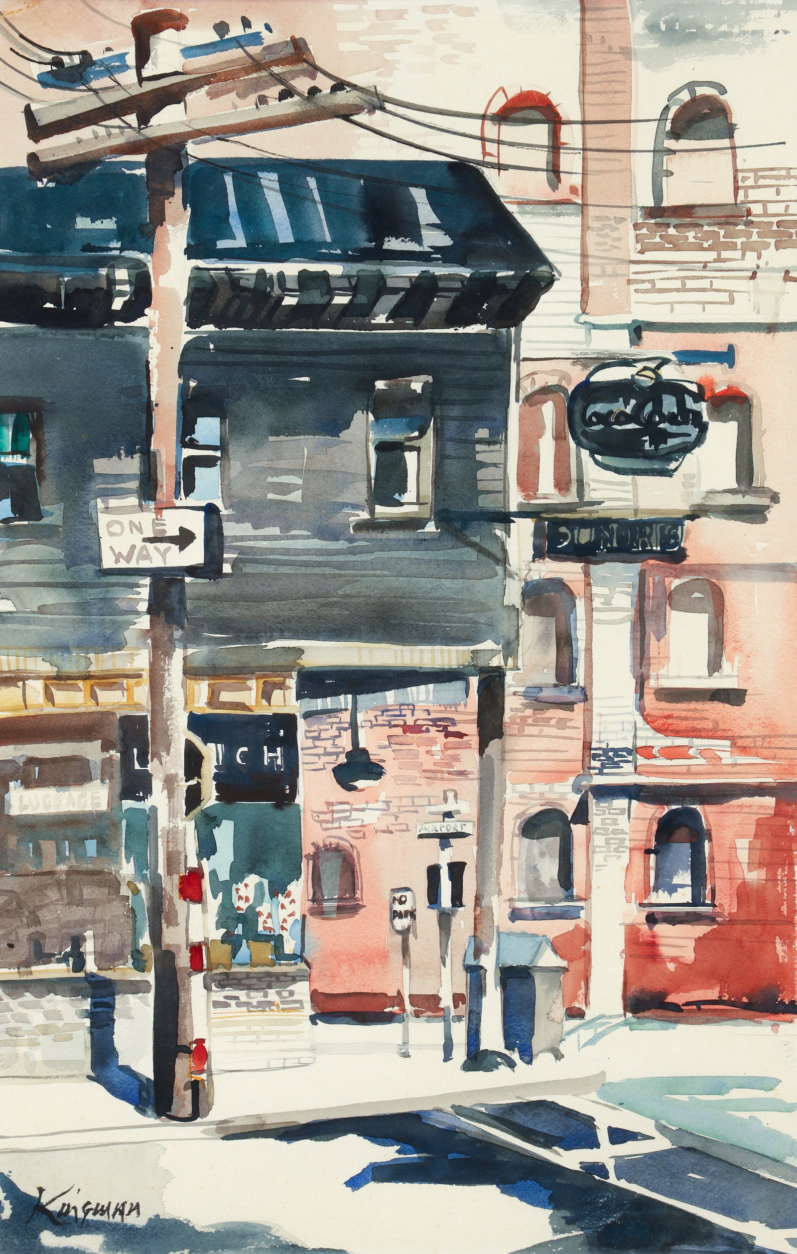Dong Kingman Mid Century Watercolor One Way Street: Kingman, Dong (Dong Moy Shu) (Chinese-American, 1911-2000), One Way Street, c.1960s, watercolor on paper, signed lower left, 22 x 14 inches, matted and framed 31 x 23 inches.