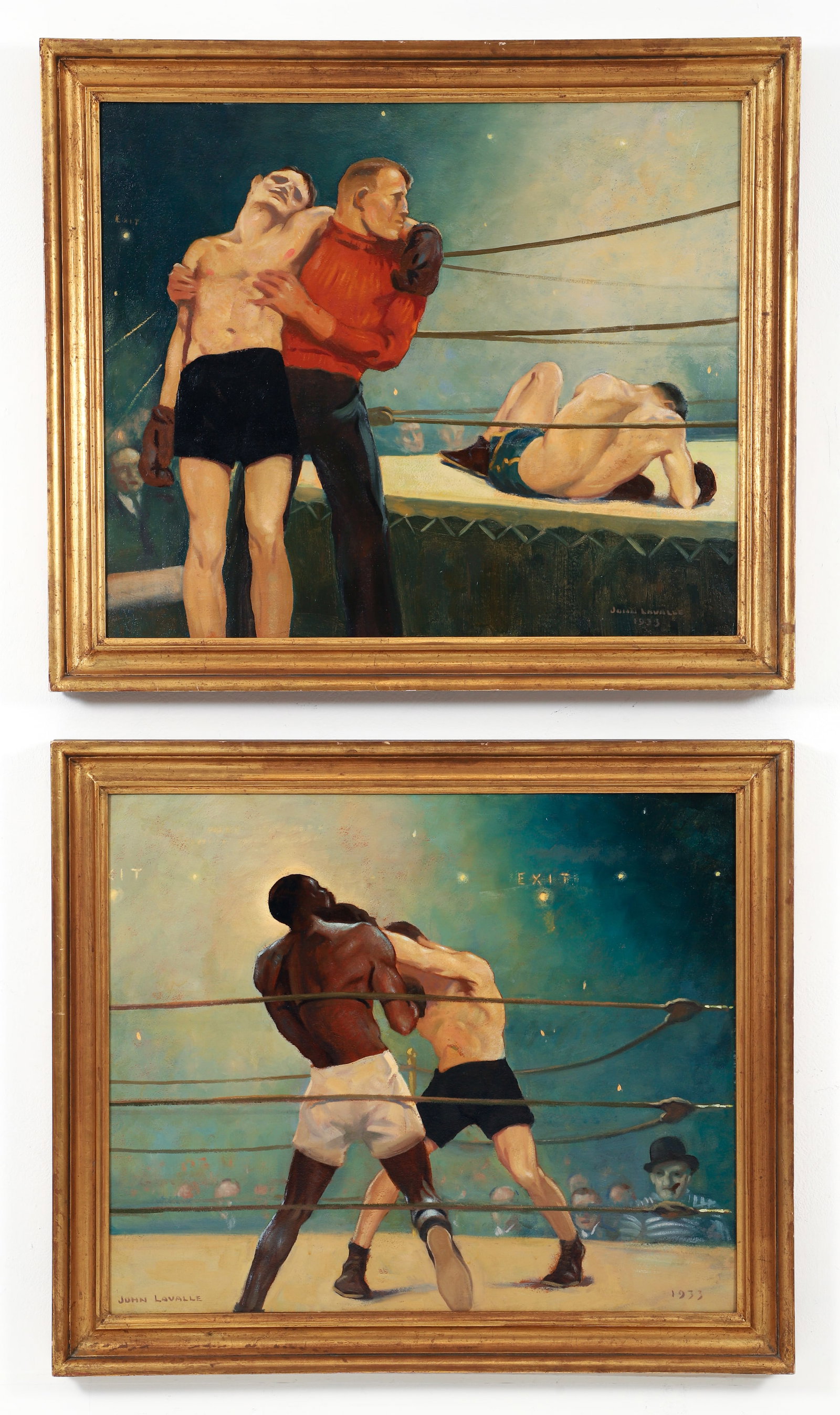 John Lavalle Pair of 1933 Boxing Scenes Oil on Board: Lavalle, John (American, 1896-1971), Pair of Boxing Scenes, 1933, oil on board, both signed and dated at lower corners, 25 x 29.75 inches, uniformly framed 29.5 x 34 inches. Lavalle was a Boston based