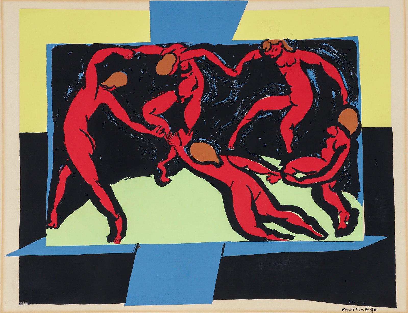 Pochoir print of The Dance after Henri Matisse: Matisse, after Henri, The Dance / La Danse, c.1940-1950s, richly inked color pochoir print on heavy cream paper, signed in the plate lower right, image 18.25 x 23.5 inches, full sheet 21 x 29.5 inches