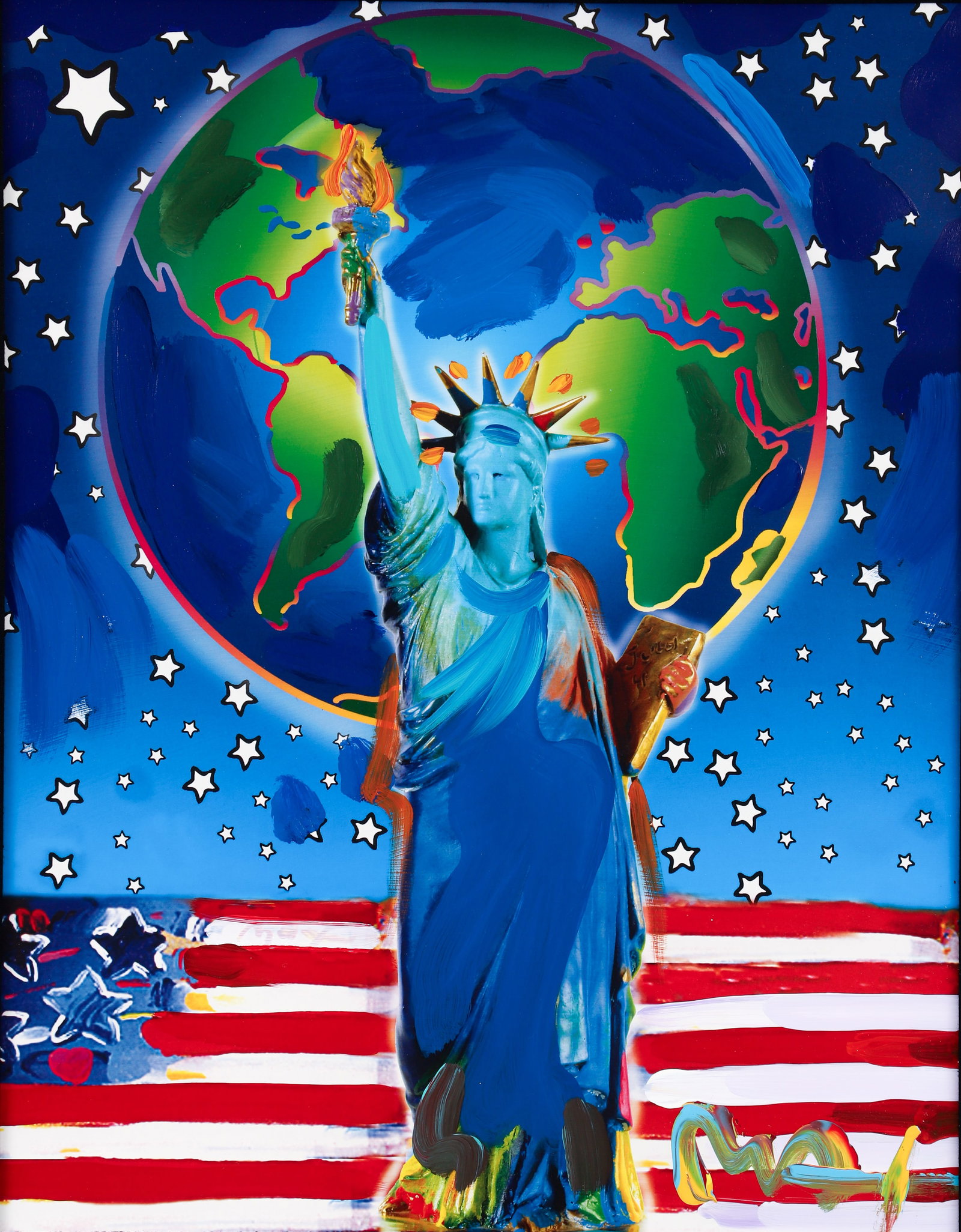 Peter Max Peace on Earth Original Mixed Media Statue of Liberty Painting: Max, Peter (German/American, born 1937), Peace on Earth [Statue of Liberty], c.2002, acrylic over lithograph, signed lower right, 23 x 17 inches, matted and framed 40 x 34 inches. Provenance: Park Wes