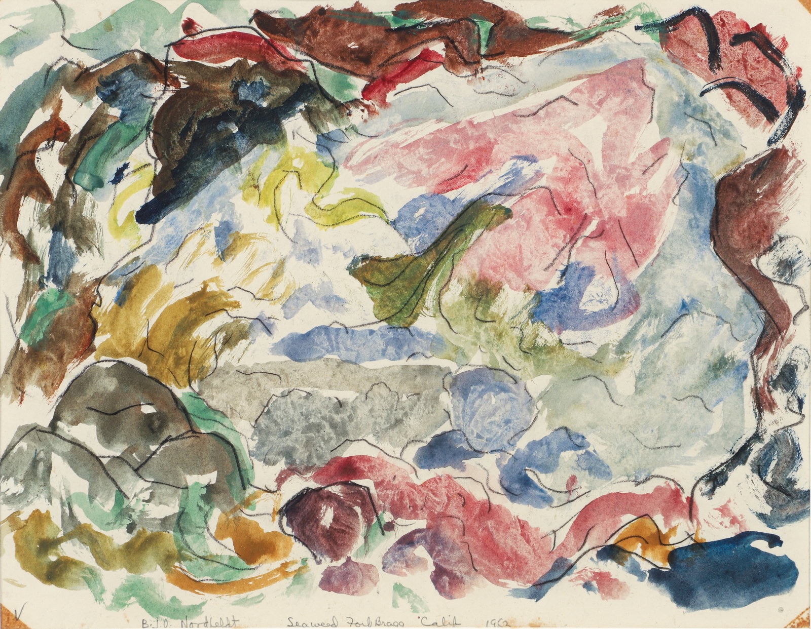 Bror J. O. Nordfeldt Watercolor Fort Bragg Seaweed 1953: Nordfeldt, Bror J. O. (Swedish/American, 1878-1955), Seaweed Fort Bragg California, 1953, watercolor on paper, signed, titled and dated along the bottom edge, 8.75 x 11.25 inches, matted and framed 17