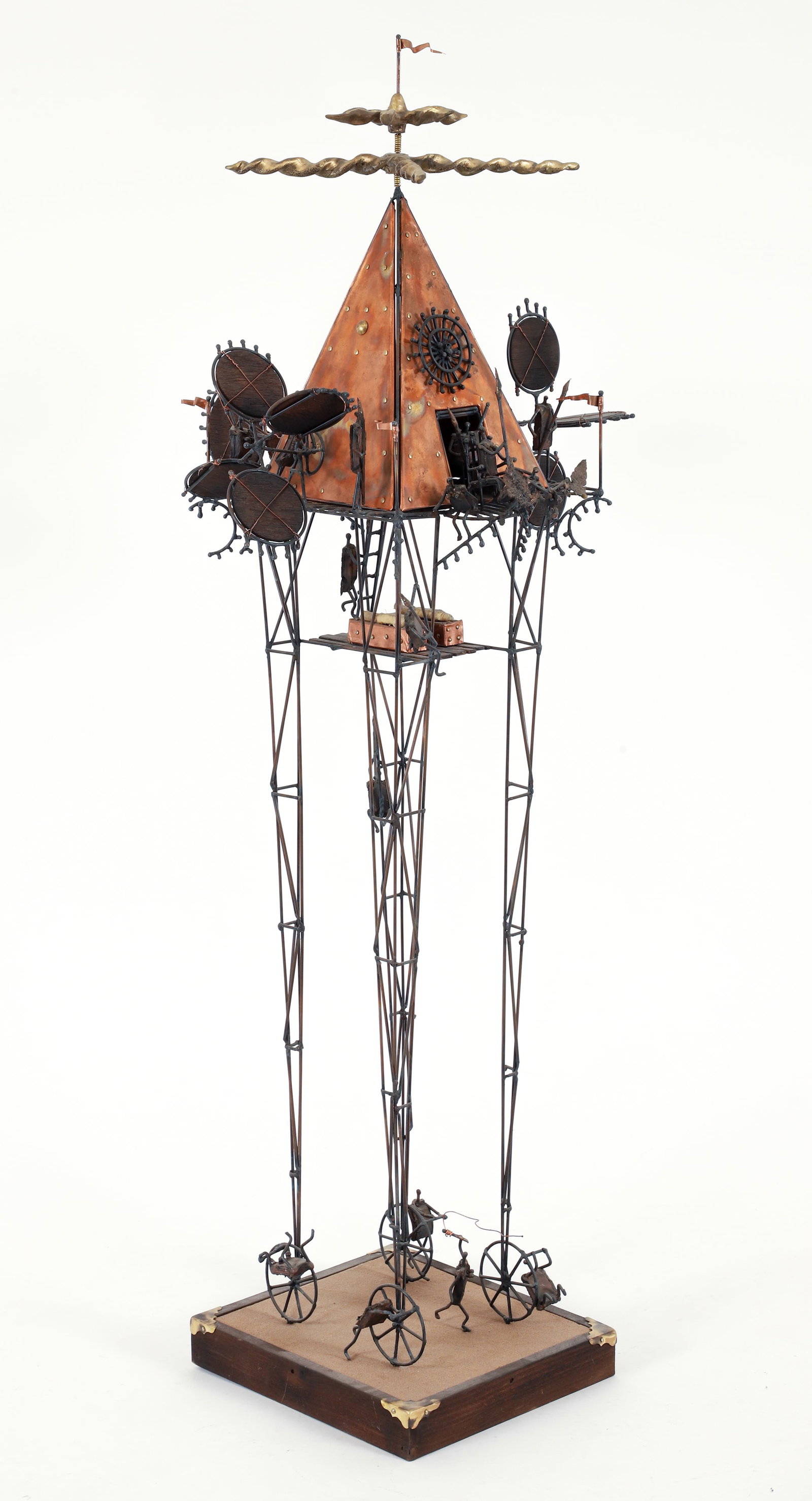 Barry Philips Odin Series Flying Machine Sculpture: Phillips, Barry (American, 1939-2020), Flying Machine from the Odin Series, late 20th century, welded metal, bronze, wood, glass, and fabric sculpture. Apparently unsigned. Approximately 41 x 14.5 x 1
