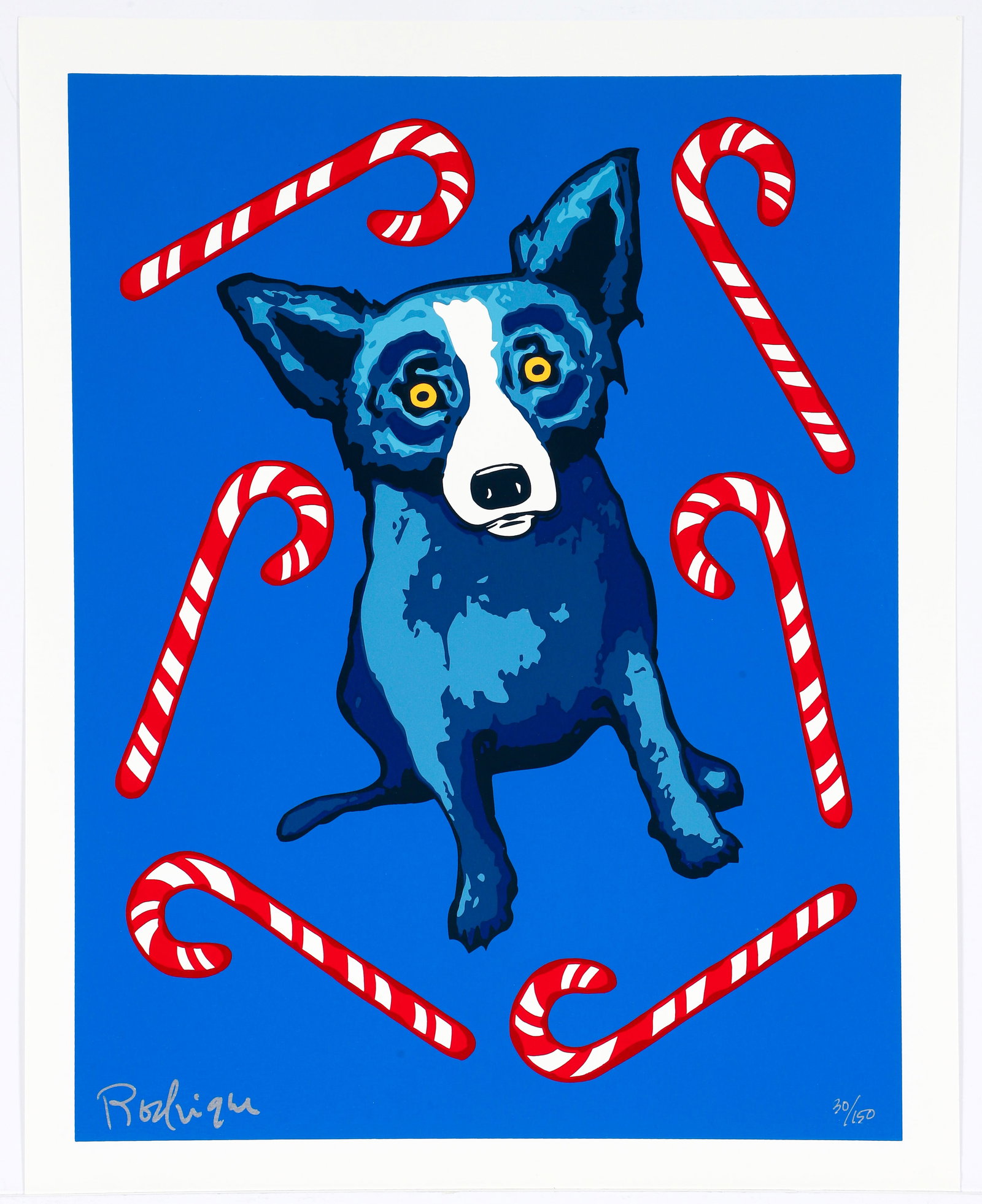 George Rodrigue Signed Blue Dog Screenprint Sweet Like You: Rodrigue, George (American, 1944-2013), Sweet Like You, 2000, serigraph printed in colors, image 19.75 x 15.5 inches, sheet: 21.75 x 17.5 inches, signed and numbered 30/150 in silver ink, unframed. Ge