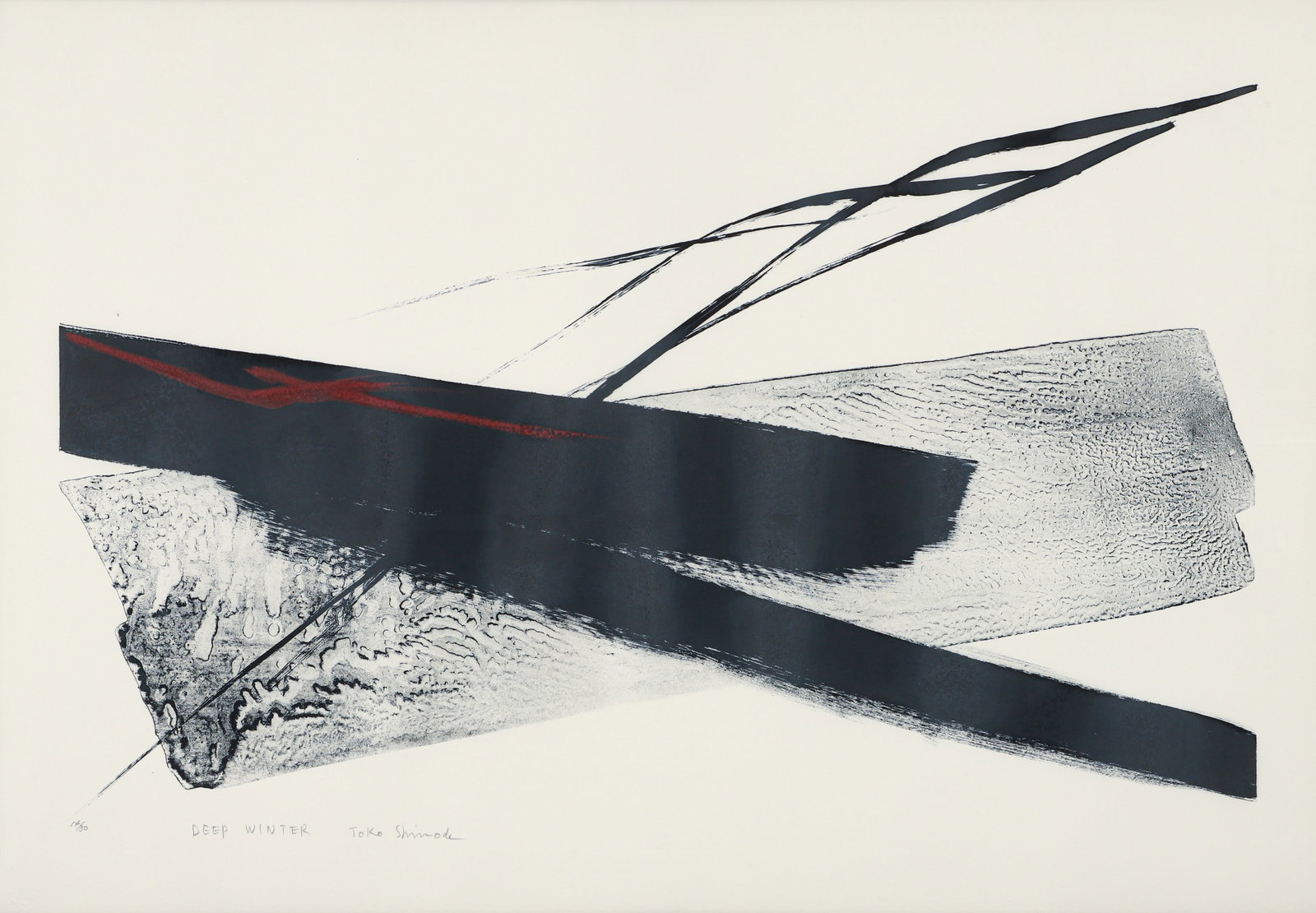 Toko Shinoda Signed Abstract Silkscreen Deep Winter: Shinoda, Toko (Japanese, 1913-2021), Deep Winter, 1982, screenprint on paper, editioned 14/30 and signed in pencil along lower edge. Sight 19 x 31 inches, behind glass and in a 25 x 36 inch silver met