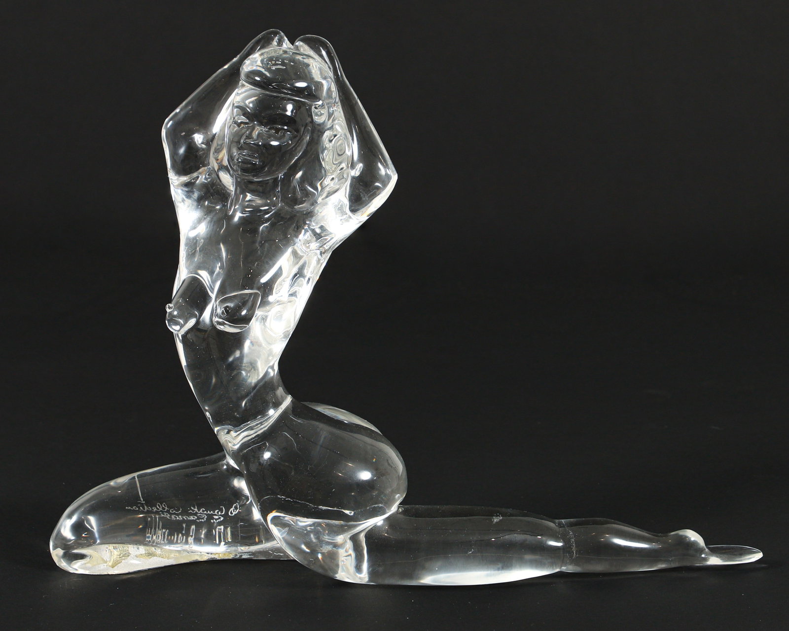 Pino Signoretto Murano Glass Sculpture Nude Woman: Signoretto, Pino (Italian, 1944-2017), Nude woman stretching, 20th century, Murano glass sculpture, incised 9/250, incised signature. 11 x 143.75 inches. Signoretto was a renowned master Murano glass 