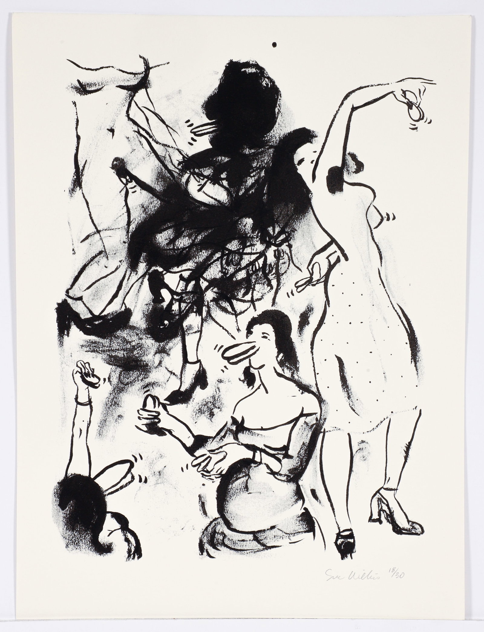 Sue Williams 1992 orig litho Castanets signed: Williams, Sue (American, born 1954), Castanets (or Castanets), 1992, lithograph, on wove paper, with full margins, Image 13.5 x 10 inches, (34.6 x 25.4 cm) Sheet, 16 x 12 inches, (40.6 x 30.5 cm), pen