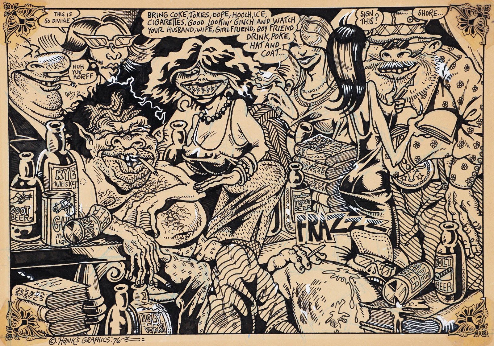 S. Clay Wilson Original Illustration Party with Raymond Carver 1976 (1 of 4)