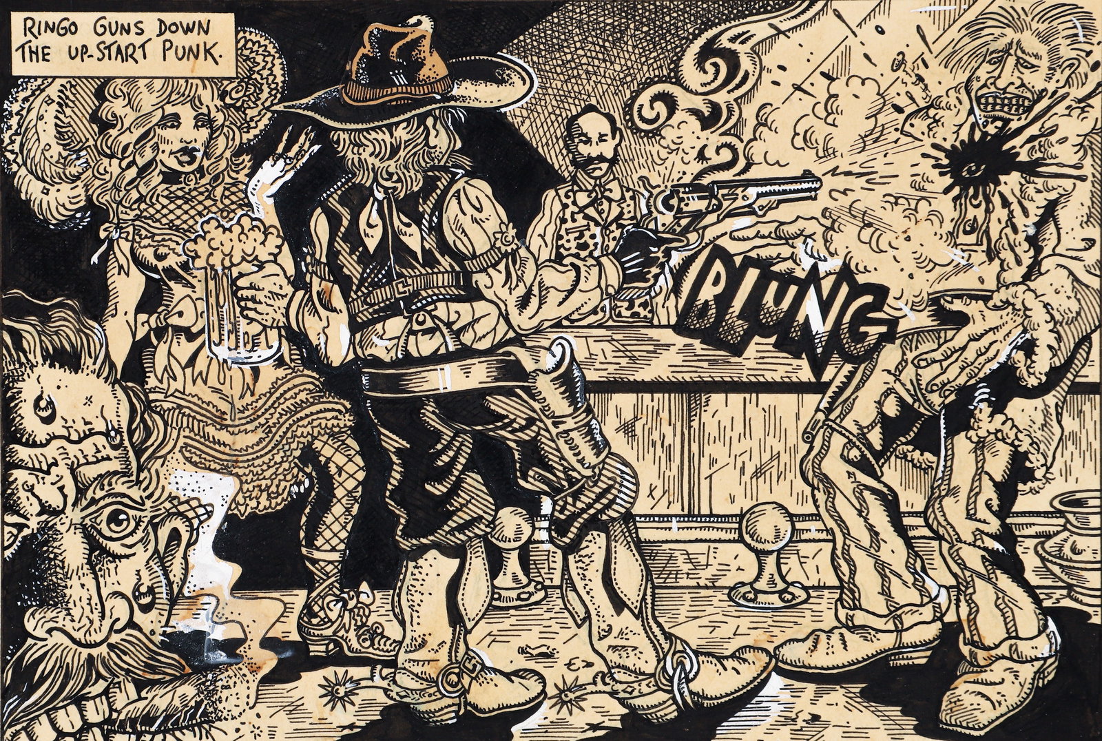 S. Clay Wilson Original Illustration Ringo Guns Down the Punk 1972 (1 of 3)