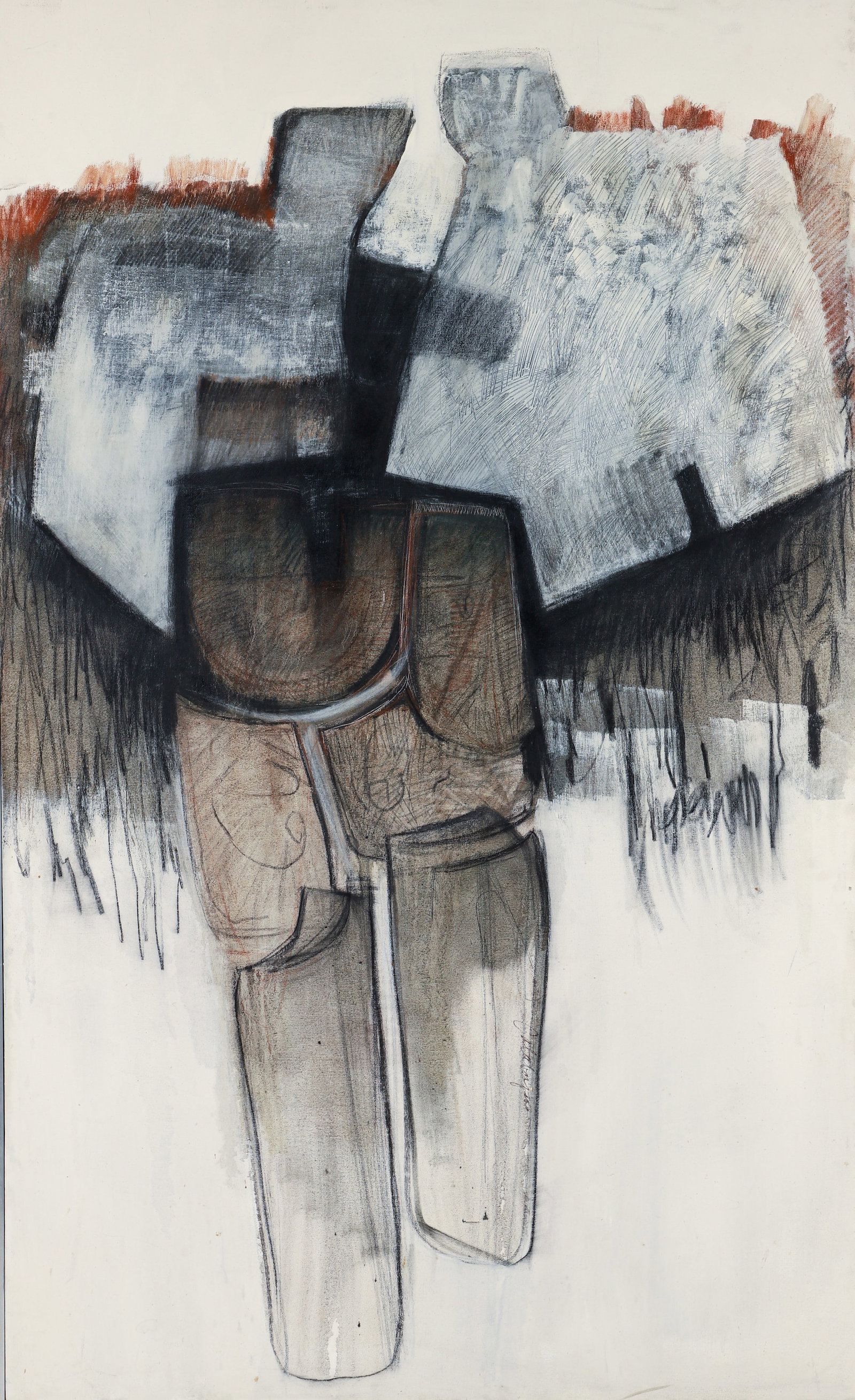 Peter J. Calaboyias Oil on Canvas Icarus 1972: Calaboyias, Peter J. (American/Pittsburgh, 1940-2022), Icarus, 1972, oil on canvas, signed, dated, and titled on the verso. Canvas 67.5 x 42 inches, in a 69.75 x 43.75 inch frame. Provenance: Butler I