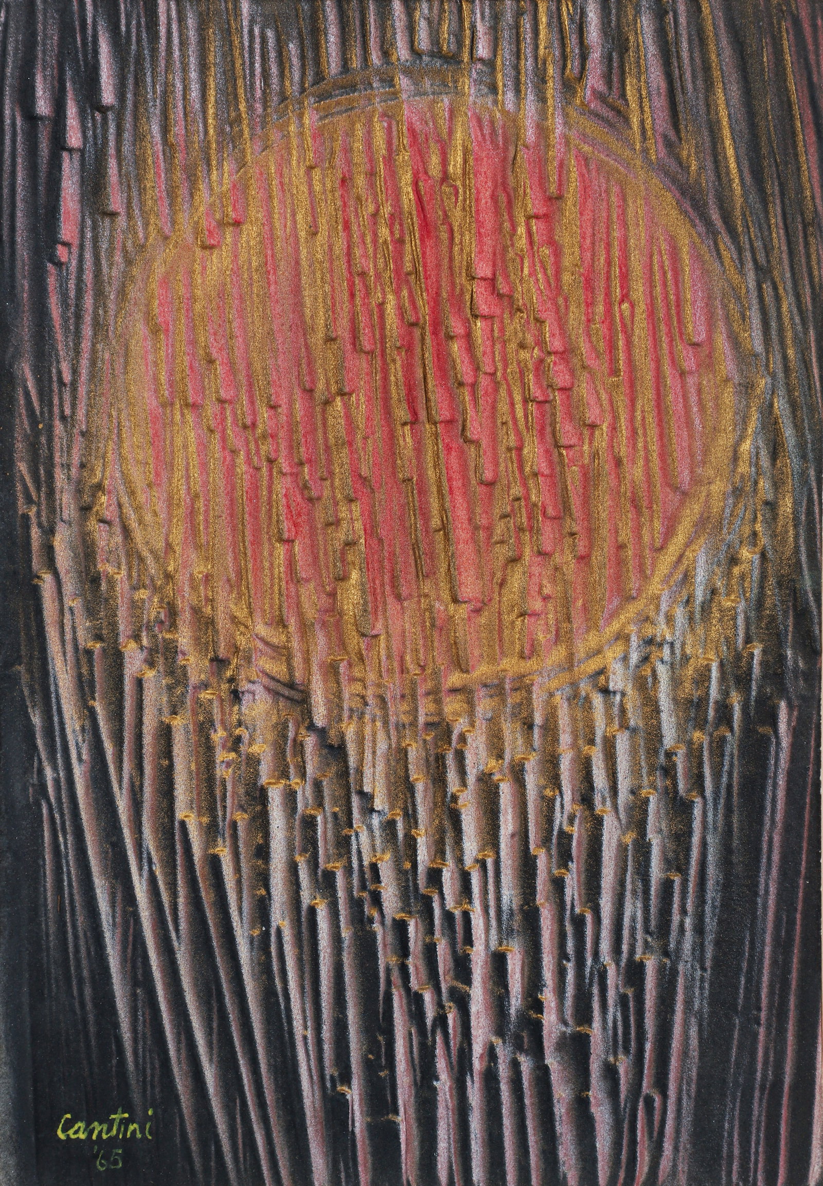 Virgil Cantini Relief Painting Sun Abstraction 1965: Cantini, Virgil David (American/Pittsburgh, 1919-2009), Sun Abstraction, 1965, oil on relief pressed paper, signed and dated lower left, 18.5 x 13 inches, matted and framed 24 x 18.25 inches. Artist's