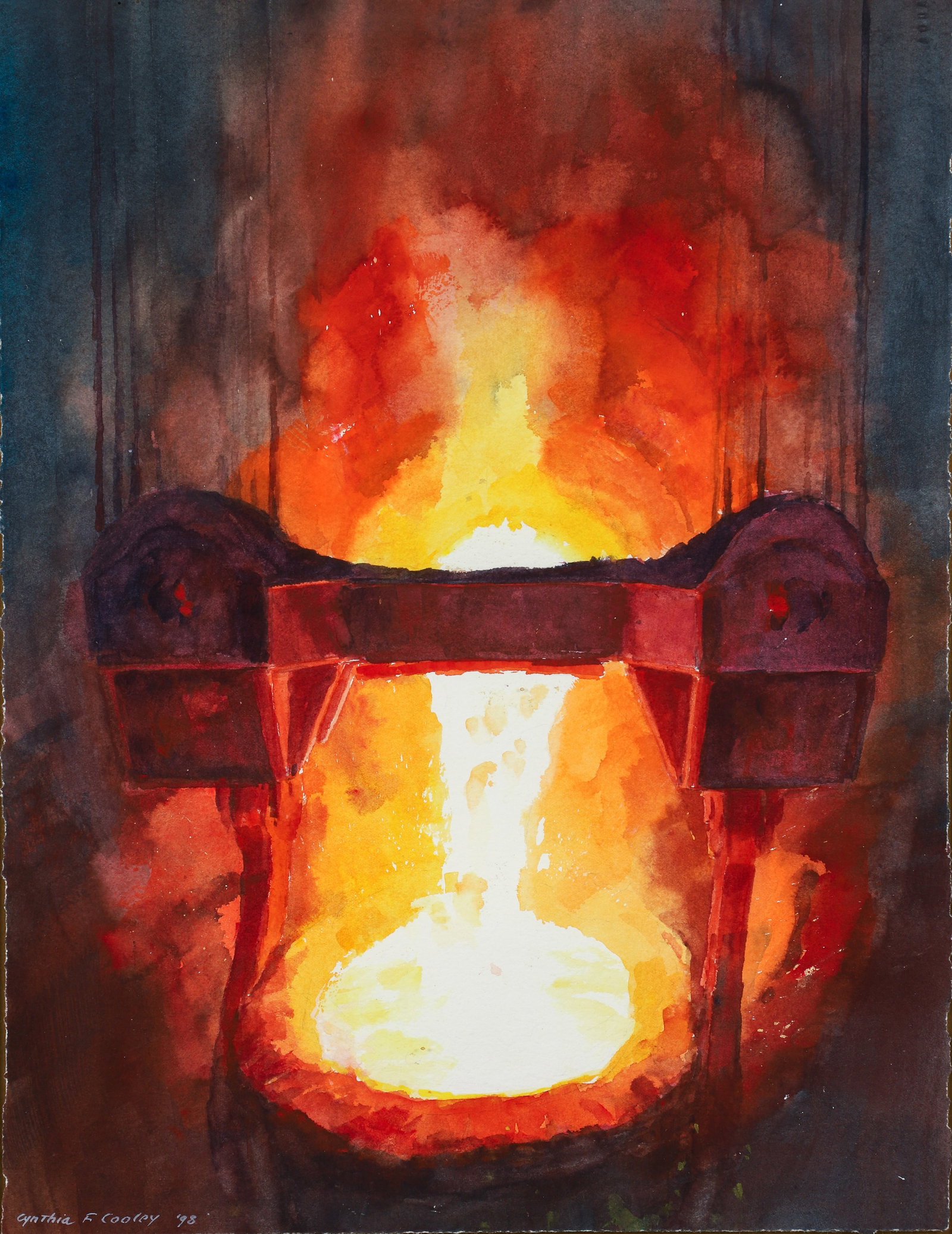 Cynthia Cooley Watercolor Painting Pouring Steel: Cooley, Cynthia (American/Pittsburgh, contemporary), Pouring Steel, 1998, watercolor on paper, signed and dated lower left, titled on a label affixed to the back of the frame, 16 x 12.25 inches, float