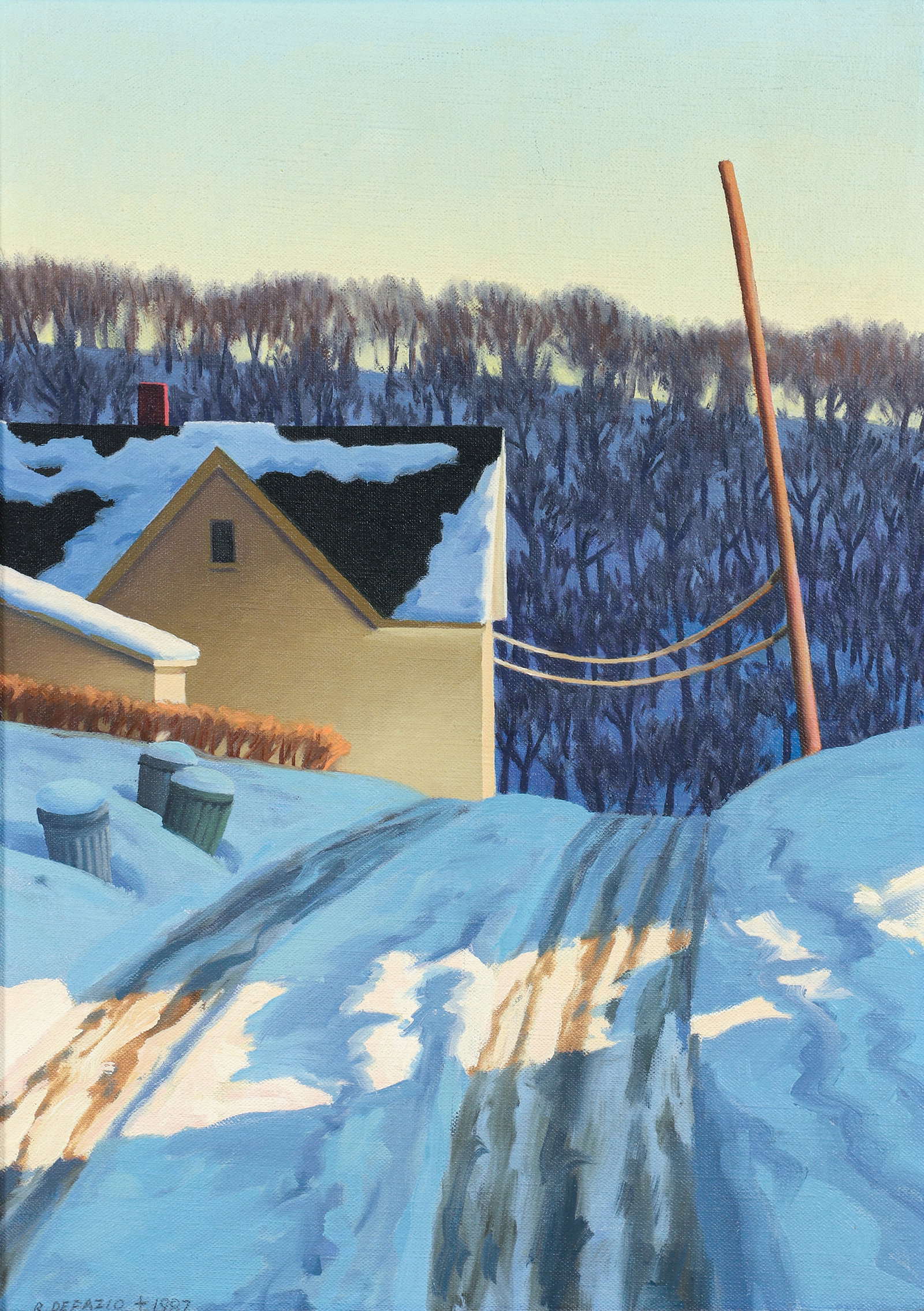 Ray DeFazio Alley in Winter 1987 Oil on Canvas: DeFazio, Raymond (Ray) (American/Western PA, born 1936), Alley in Winter, 1987, oil on canvas, signed and dated lower left, titled on the stretcher bar, 22 x 16 inches, in a wood frame 27 x 21 inches.