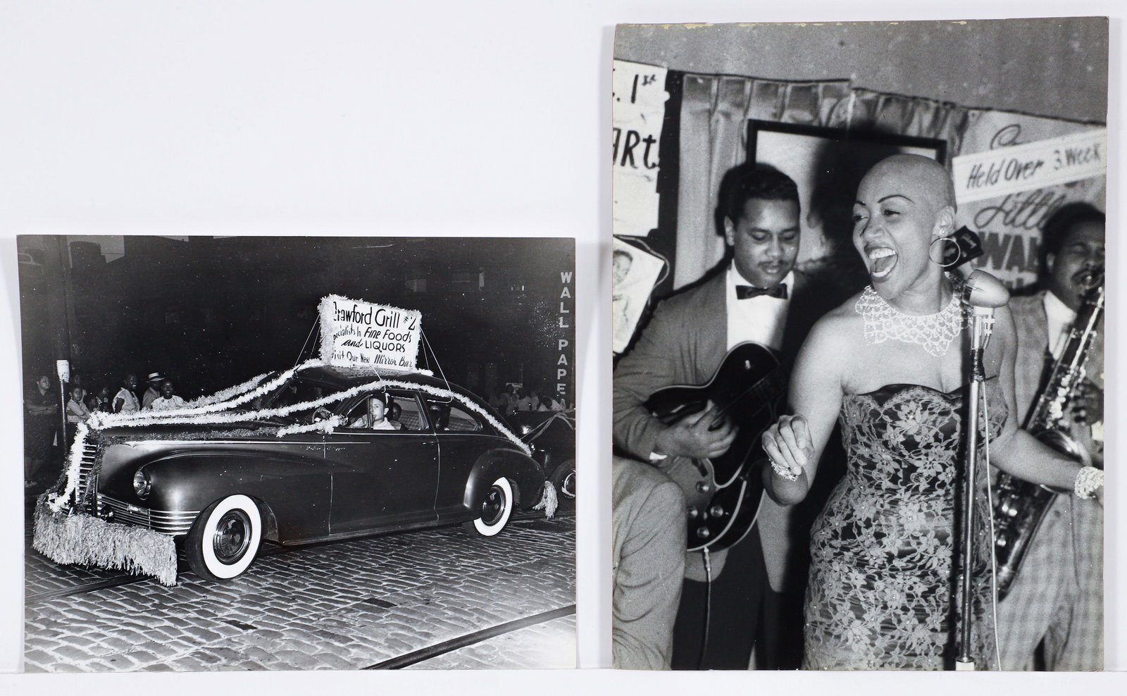 Charles Teenie Harris Pair of Photos Related to Hill District in Pittsburgh: Harris, Charles (Teenie) (African-American/Pittsburgh, 1908-1998), 2 Photographs: Man driving car decorated with streamers and sign on top reading Crawford Grill #2 Specialists in Fine Foods and Liquo