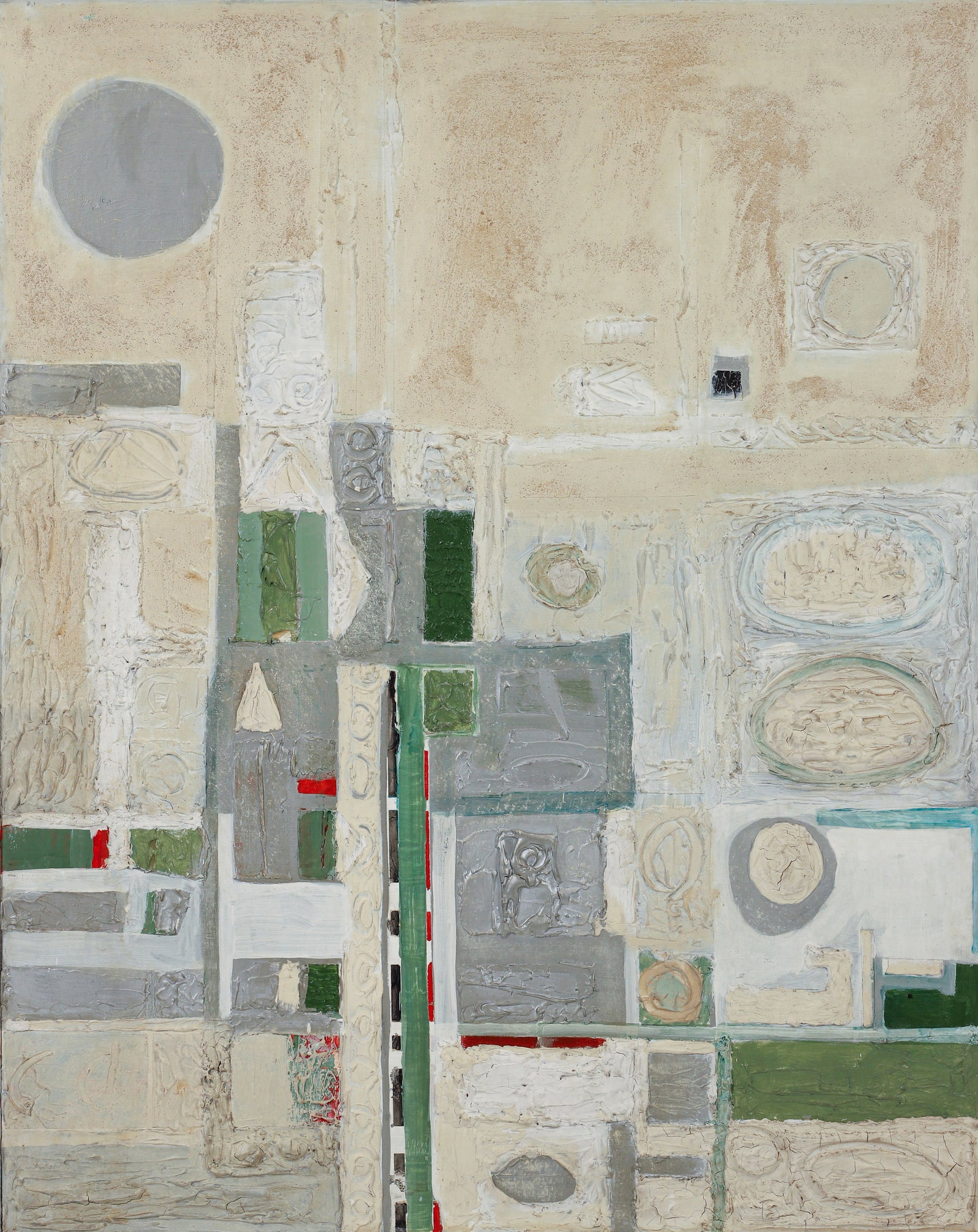 Leonard Lieb Mid Century Oil on Board The Silver Circle: Lieb, Leonard (Polish/American/Pittsburgh, 1912-1977), The Silver Circle, c.1960s, oil on Masonite board, apparently unsigned, two labels on the verso, 45 x 36 inches, in the artist's wood strip frame