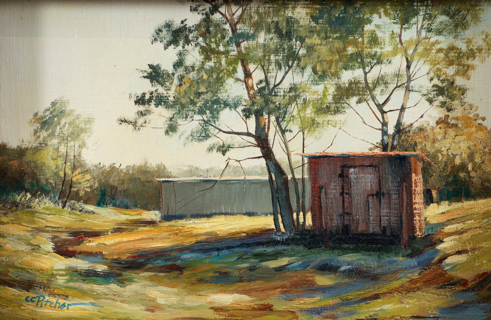 Charles Pitcher 1970s Oil on Board Cabin the Woods: Pitcher, Charles (Charlie) (American/Western PA, 1927-2009), Cabin in the Woods, undated, c.1970s, oil on board, signed lower left, 8 x 12 inches, in the artist's handmade carved and deeply set wood f