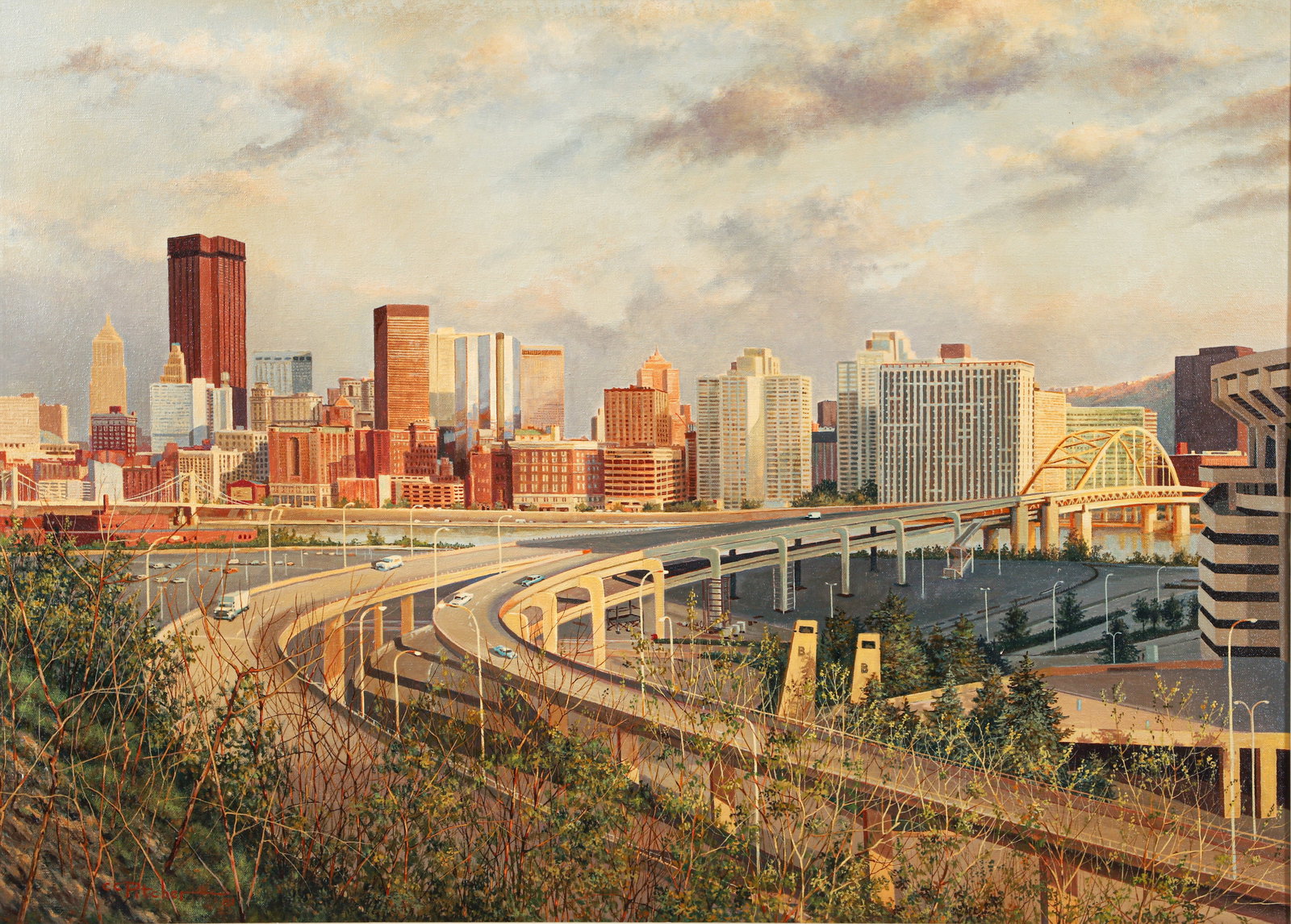 Charles Pitcher Downtown Pittsburgh Evening 1981 Oil on Canvas (1 of 3)