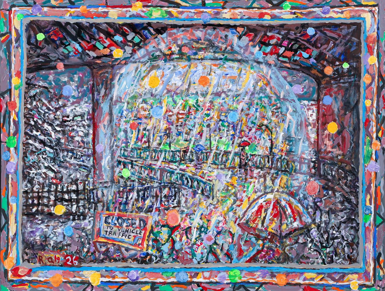 Bob Qualters Mixed Media Painting Awakening 2026: Qualters, Robert (Bob) (American/Western PA, born 1934), Awakening, 2026, mixed media with acrylic and collage, signed and dated at lower left, titled on the stretcher bar, 33 x 43 inches, in a painte