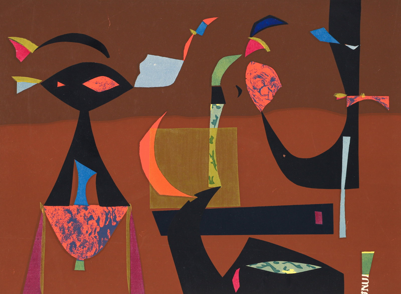 Russell Twiggs paper stencil print Serenade: Twiggs, Russell Gould (American 1898-1991), Serenade, mid 1950's , paper stencil and Tusche and glue resist stencils, 11.5 x 15.5 inches, pencil signed, numbered 20/35, and titled along the lower marg