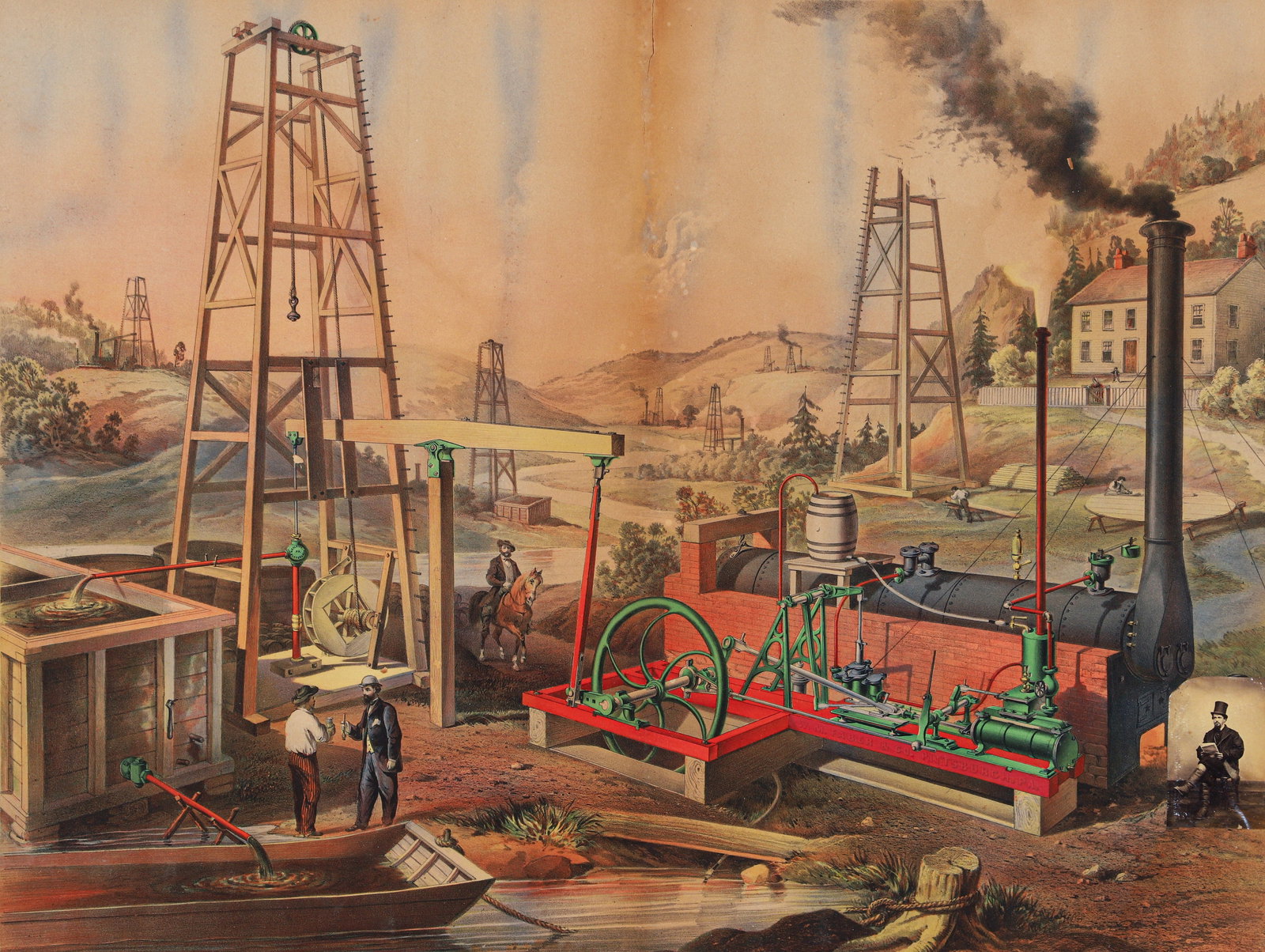 Early Pittsburgh Oil Chromolithograph 1865 after Gengembre: Gengembre, after Philip Hubert (French/American, 1830-1911), Western Pennsylvania Oil Drilling Operation, 1865, chromolithograph on paper, printed by Hatch and Co, New York, after a painting by H. P. 